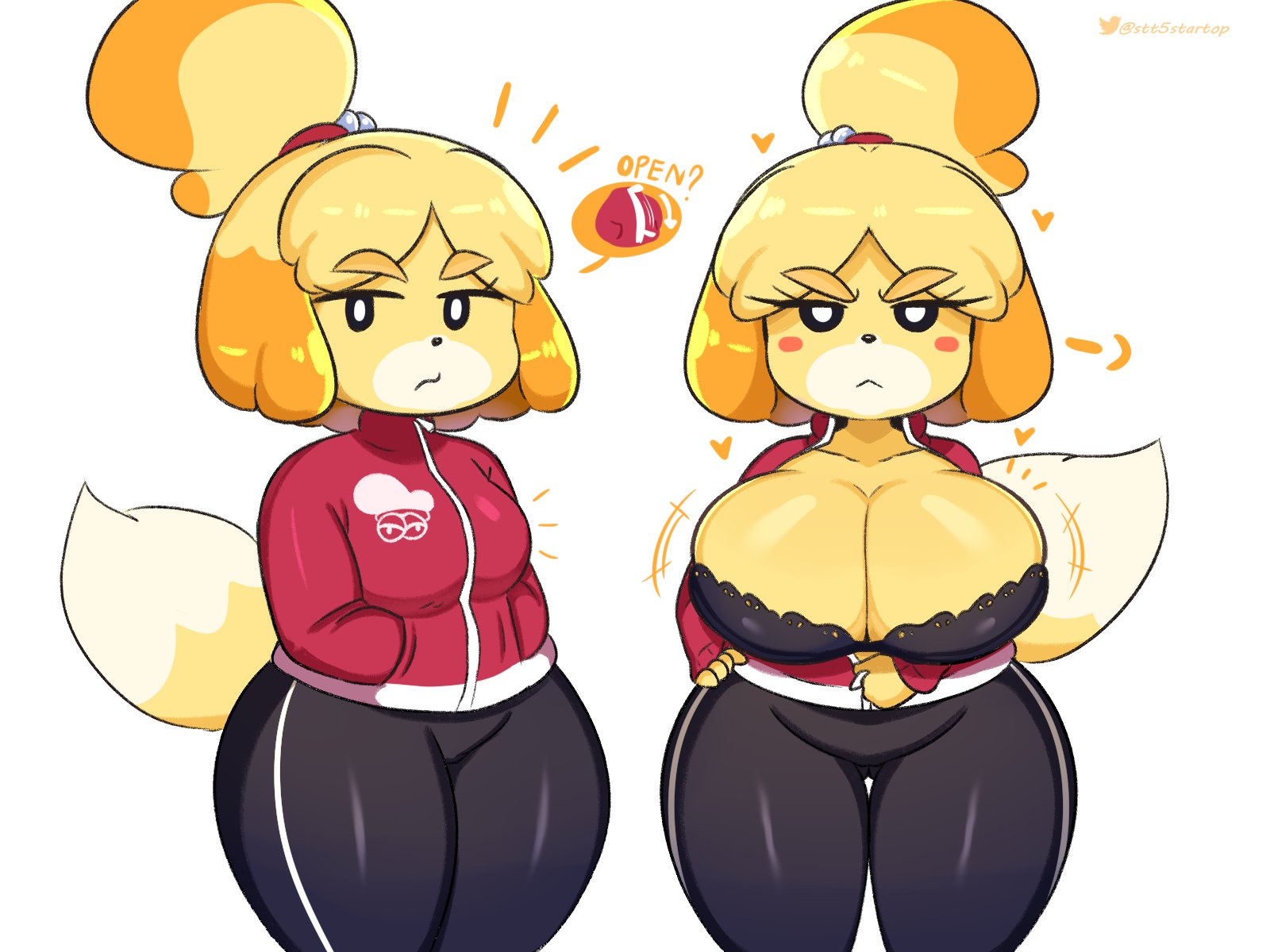 angry, animal crossing, black bra, cleavage, female, furry, isabelle (animal crossing), jumpsuit, nintendo, startop, taking clothes off
