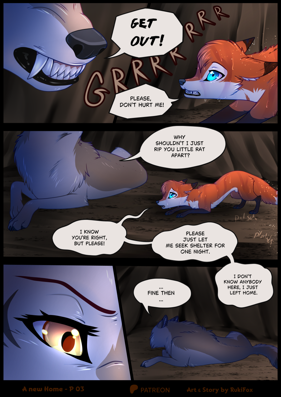 animal_genitalia blue_eyes canid canine cave comic comic_page crotch_tuft dialogue english_text feral fox fully_sheathed fur genitals grey_body grey_fur hi_res male mammal orange_body orange_fur page_3 page_number riu_(rukifox) rukifox sheath size_difference text tuft yellow_eyes