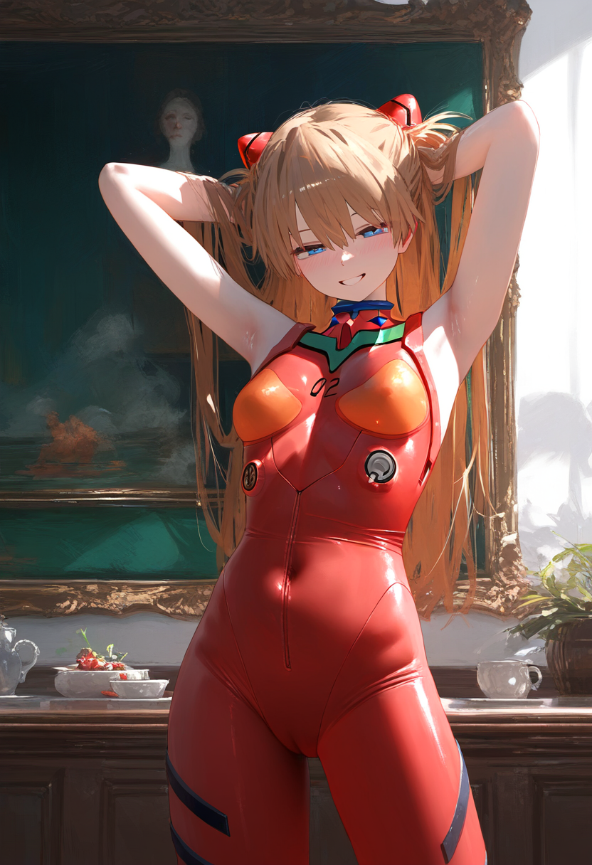 1female 1girls ai_generated armpits asuka_langley_sohryu commentary_request english_commentary female female_only hi_res highres light-skinned_female light_skin mixed-language_commentary neon_genesis_evangelion plugsuit solo solo_female standing