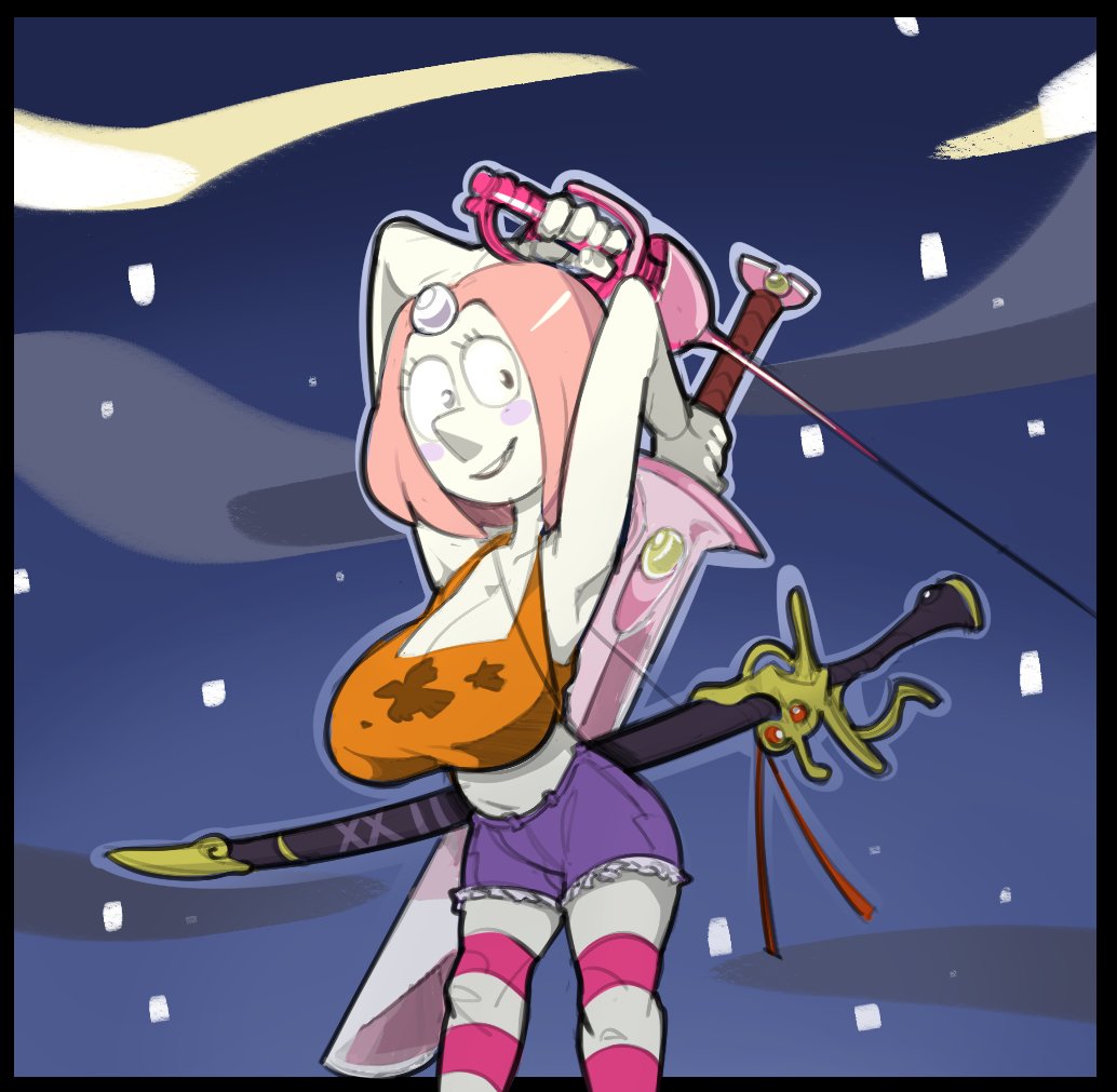 1girls 2d_(artwork) armpits arms_behind_head big_breasts blush cleavage denim_shorts gem_(species) greatsword holding_weapon humanoid katana looking_at_viewer mangneto night pearl_(steven_universe) pink_hair purple_shorts rapier smiling_at_viewer starry_sky steven_universe thighhighs thin_female weapon