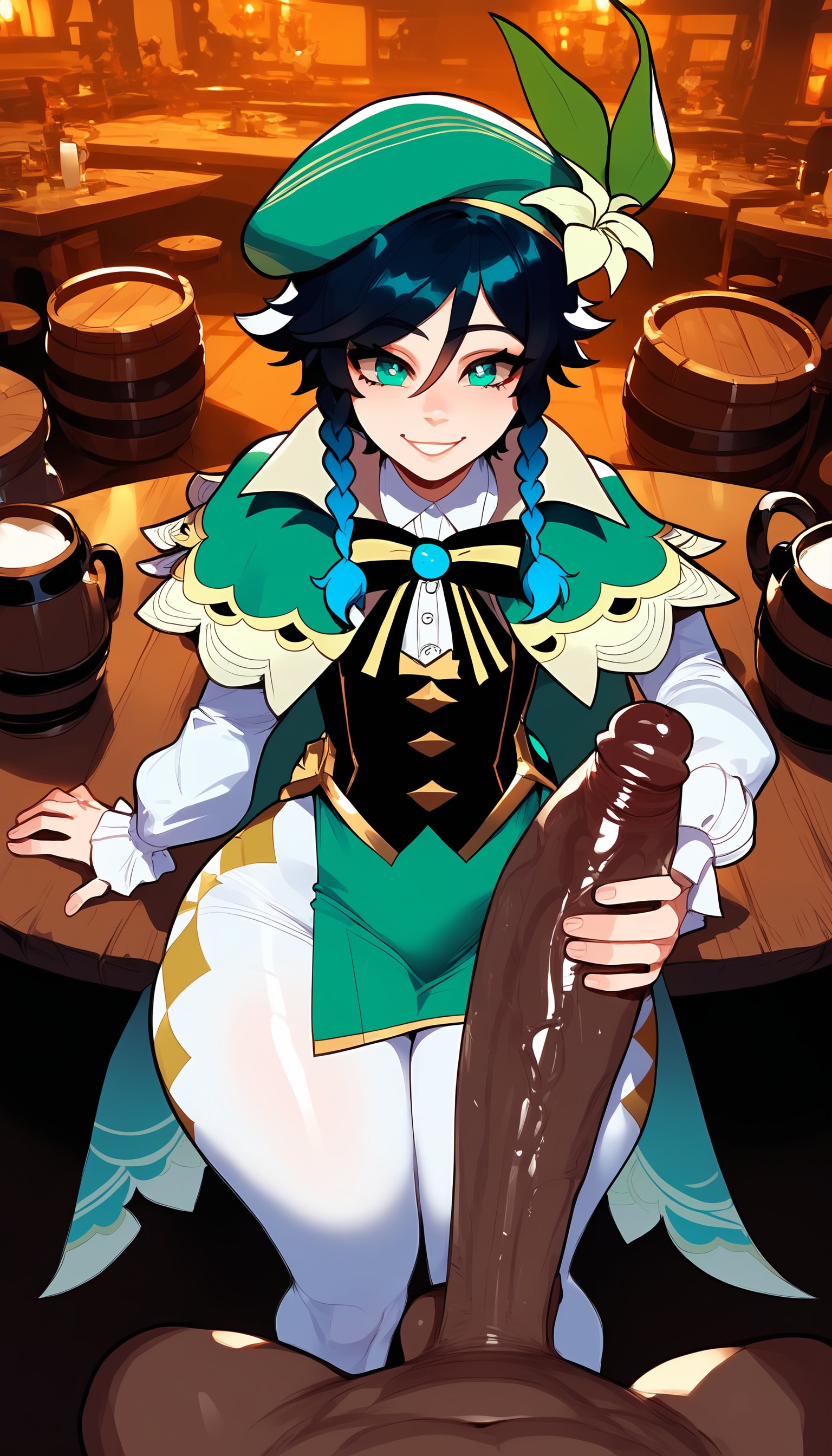 2boys, ai generated, ass, bar, big ass, big penis, big thighs, black hair, clothed, clothed male, clothing, dark skin, dark-skinned male, fat ass, fat cock, femboy, feminine male, genshin impact, giant penis, girly, grabbing penis, green eyes, green hair, green hat, hana aera, holding, holding penis, huge ass, huge cock, huge penis, huge thighs, interracial, large ass, large penis, large thighs, long penis, looking at viewer, male, male focus, male only, male/male, massive ass, massive penis, massive thighs, penis, penis grab, pov, pub, saloon, thick penis, thick thighs, thighs, trap, uncensored, venti (genshin impact), voluptuous male, white stockings, wide hips