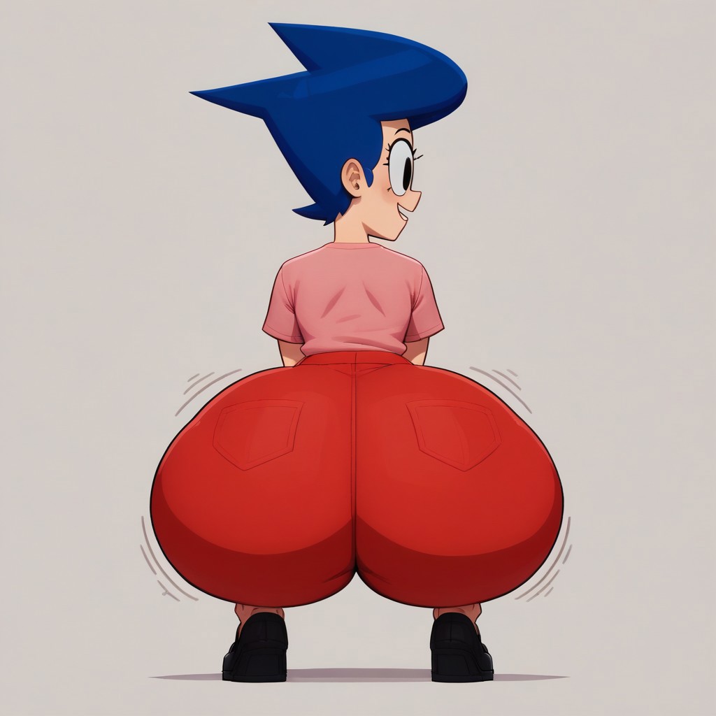 ai_generated ass ass_shake back_view big_ass big_butt black_eyes black_shoes blue_hair clothed darla_myers female female_only get_blake high_quality highres huge_ass milf pink_shirt red_pants solo squatting twerking untucked_shirt user_zhfj2523