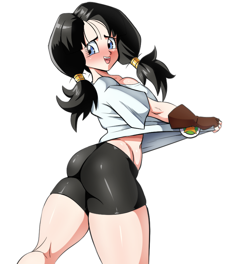 2d ass ass_focus black_hair black_shorts dragon_ball dragon_ball_z female female_only full_color hair_ornament no_penetration shorts smile solo solo_female videl videl_(long_hair)