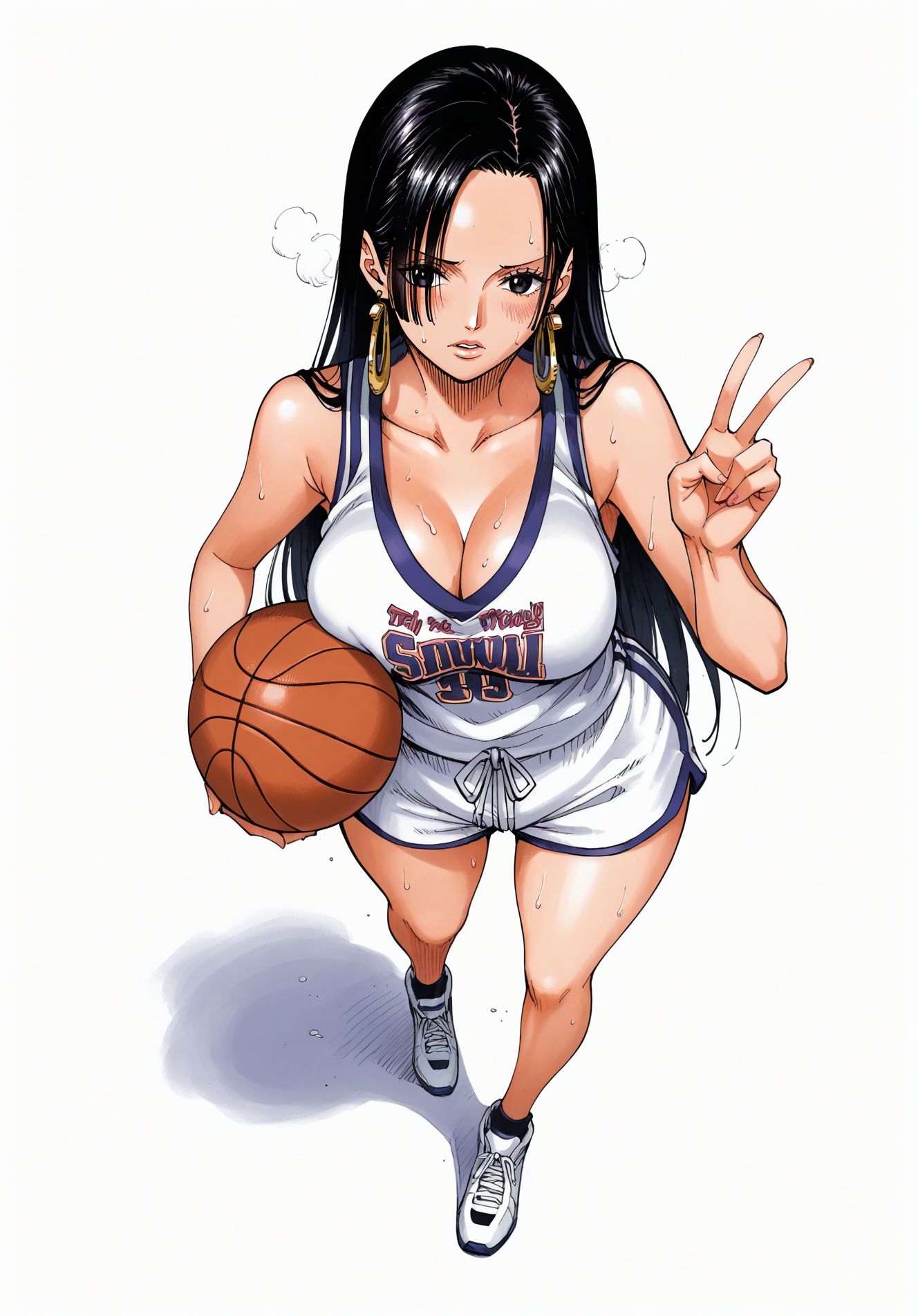 ai_generated alluring almost_naked almost_nude basketball basketball_(ball) basketball_shorts basketball_uniform big_breasts black_eyes black_hair blush boa_hancock earring earrings female female_only looking_at_viewer one_piece peace_sign seducing seduction seductive seductive_body seductive_eyes seductive_gaze seductive_look seductive_mouth seductive_pose shiny_hair shiny_skin snake_earrings steamy_breath sweat sweatdrop sweating sweaty sweaty_body thick_thighs voluptuous voluptuous_female yashin