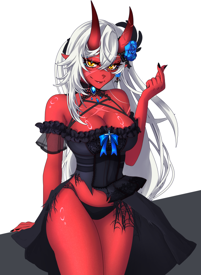 1girl akumi bare_shoulders big_breasts black_panties breasts choker cleavage closed_mouth collarbone cowboy_shot earrings eyebrows_visible_through_hair female fingernails flower hair_between_eyes hair_flower hair_ornament horns jewelry large_breasts long_hair looking_at_viewer oni oni_horns panties pointy_chin pointy_ears red_flower red_oni red_skin scars smile solo underwear very_long_hair virtual_youtuber vyugen white_background white_hair yellow_eyes