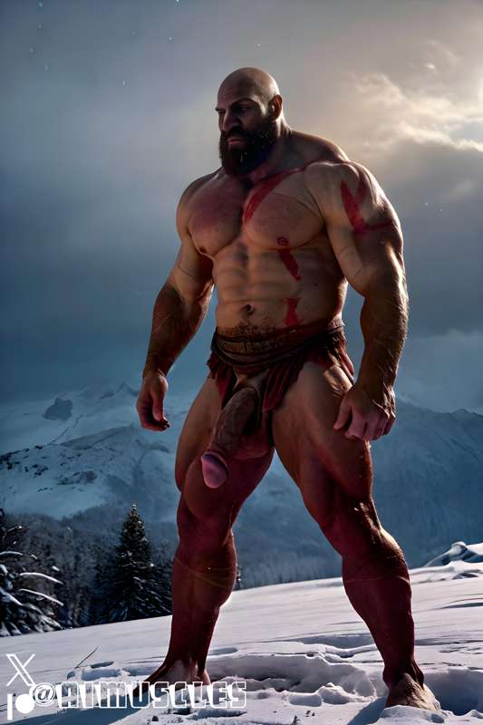 1boy ai_generated aimuscles bald bald_man bara barely_clothed barely_covered beard big_penis daddy dilf facial_hair god_of_war kratos large_penis looking_at_viewer male male_focus male_only mature_male muscles muscular muscular_arms muscular_ass muscular_back muscular_legs nature nature_background older_male outdoor_nudity outdoors partially_clothed_male partially_nude partially_undressed penis penis_sticking_out public public_exposure red_markings red_skirt scantily_clad snow snowy_background winter