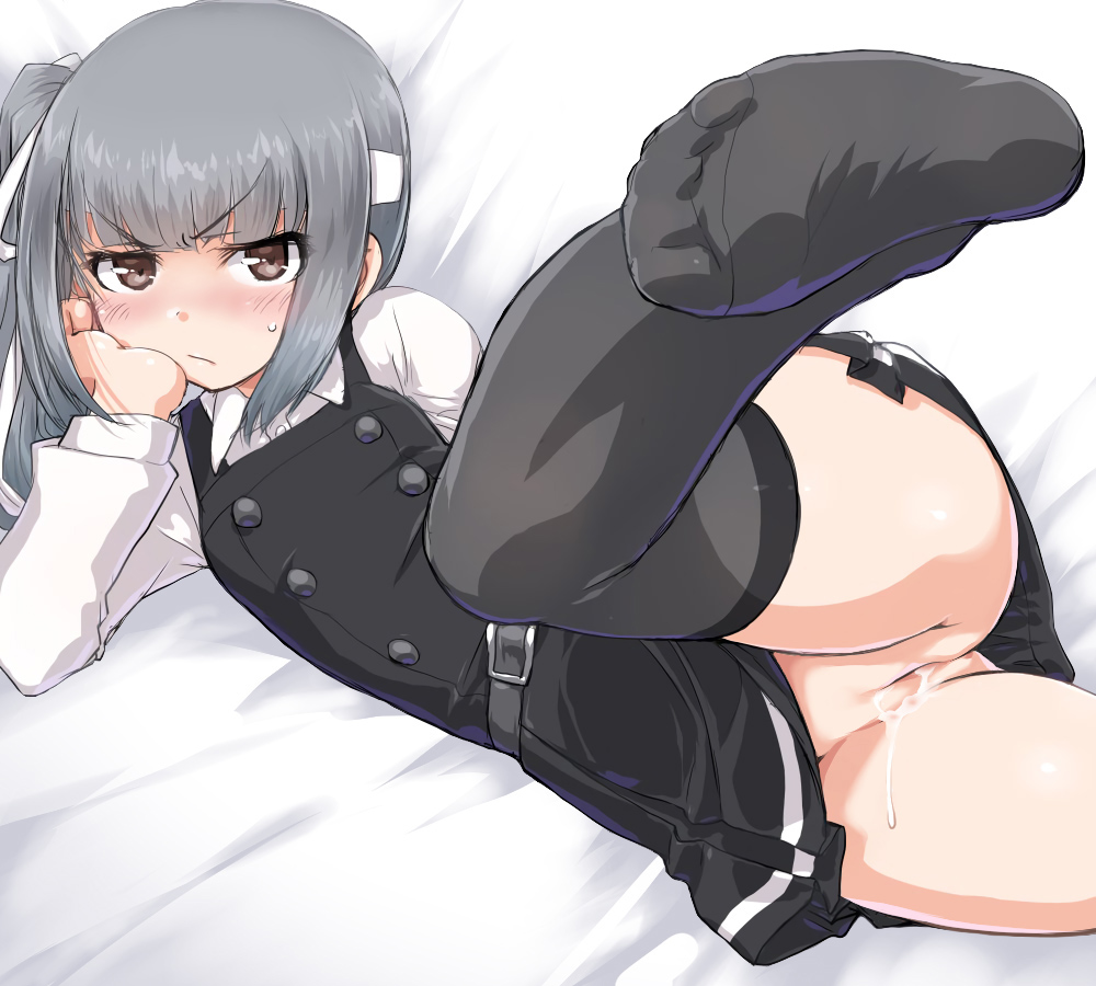 10s 1girls after_sex belt black_legwear blush brown_eyes chin_rest couch cum dated dd_(ijigendd) dress edit feet female foreshortening grey_hair hand_on_own_cheek headband kantai_collection kasumi_(kantai_collection) leg_up lying no_shoes nude_filter on_couch on_side pantyshot pantyshot_(lying) photoshop pinafore_dress pussy remodel_(kantai_collection) scowl solo thighhighs thighs uncensored zettai_ryouiki