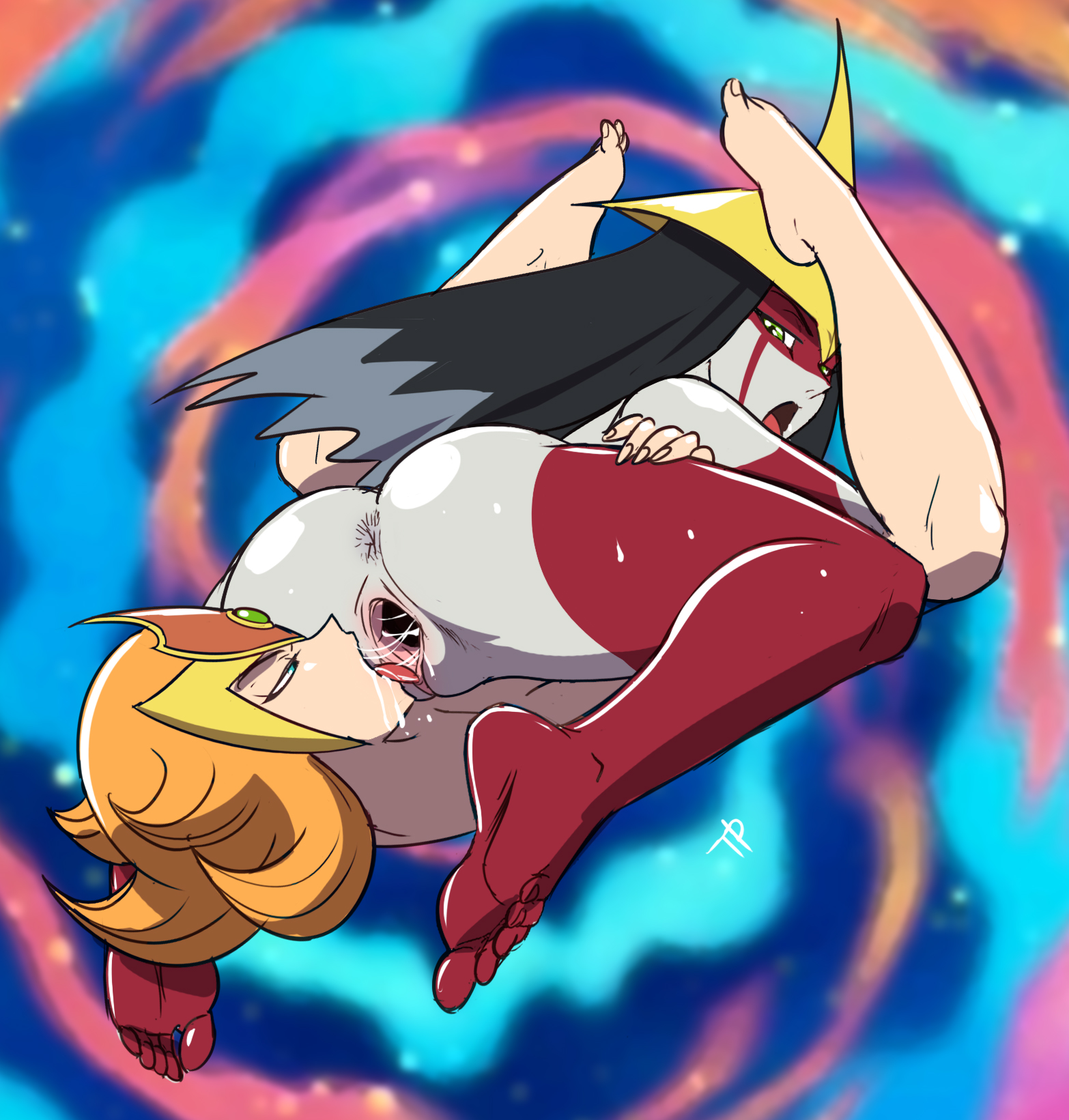 2girls, 69, anus, ass, cunnilingus, duel monster, elemental hero burstinatrix, elemental hero lady heat, feet, female, multiple females, multiple girls, oral, pussy, pussy juice, red stockings, soles, stockings, therappy, toes, tongue, tongue out, yu-gi-oh!, yuri