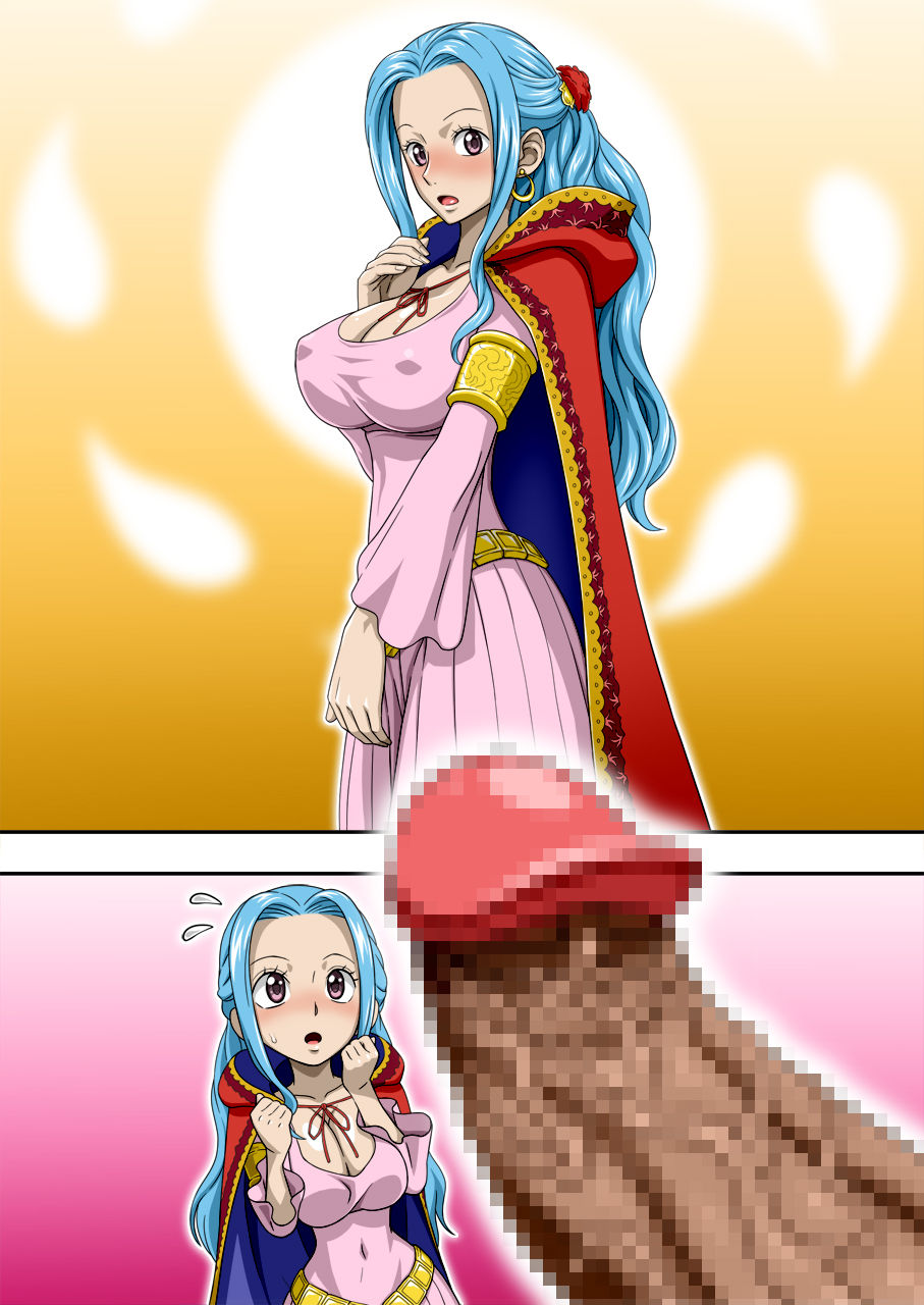 1boy, 1girls, blue hair, blue-haired female, breasts, censored, curvy, female, female focus, huge cock, large breasts, long hair, male, nefertari vivi, nel-zel formula, one piece, penis, penis awe, sex, shiny, shiny skin, solo, standing, straight, sweat
