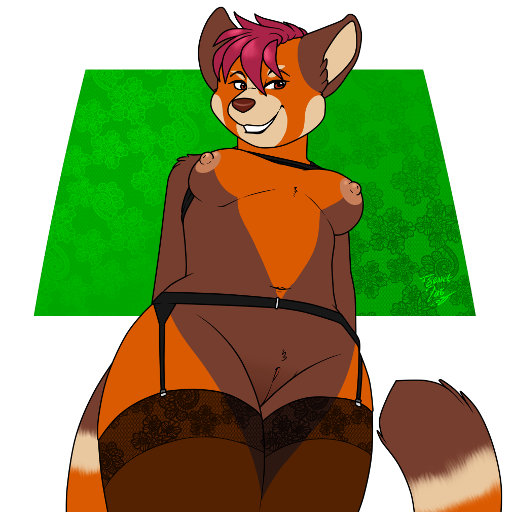2018 anthro bottomless breasts brown_eyes brown_nose clothed clothing female flashing fur hair legwear looking_at_viewer looking_down low-angle_view mammal mei_(arvaus) naked_stockings nipples nude os pink_hair pussy red_fur red_panda smile stockings worm's-eye_view