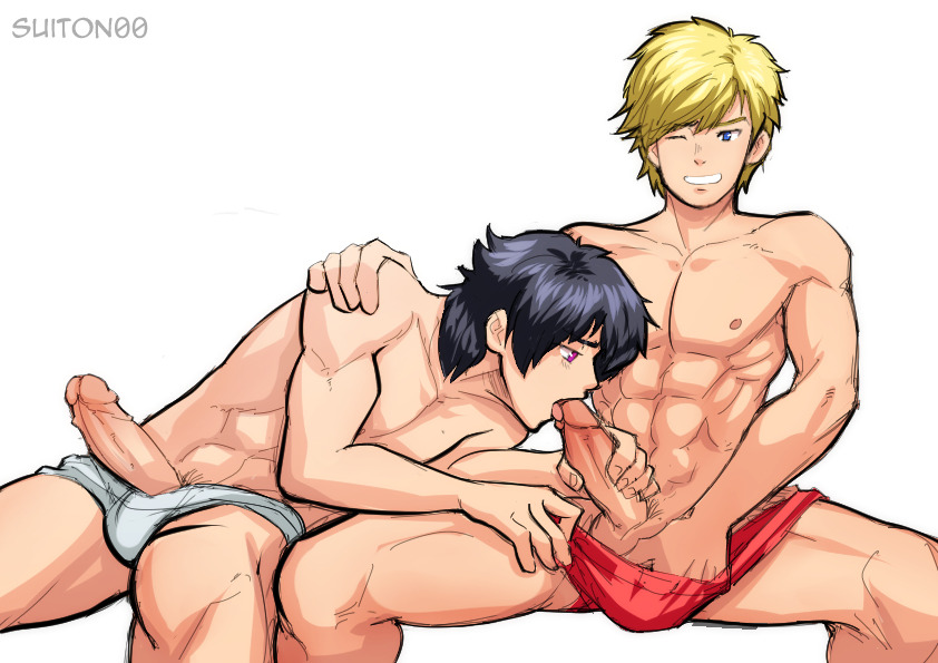 2boys, abs, black hair, blonde hair, erection, fellatio, gay, jaune arc, licking penis, lie ren, male, male only, multiple boys, multiple males, oral, penis, purple eyes, rwby, short hair, suiton, underwear, yaoi