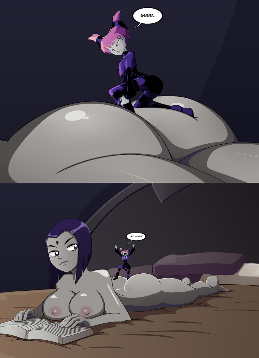 2girls, ass, barefoot, big breasts, breasts, comic, completely nude, dark skin, dark-skinned female, dc, dc comics, demon, demon girl, edit, feet, female, female focus, female only, giantess, huge ass, jinx (dc), large ass, large breasts, micro female, multiple females, multiple girls, nipples, nude, pink hair, purple hair, rachel roth, raven (dc), ravenravenraven, short hair, size difference, speech bubble, superheroine, teen titans, text