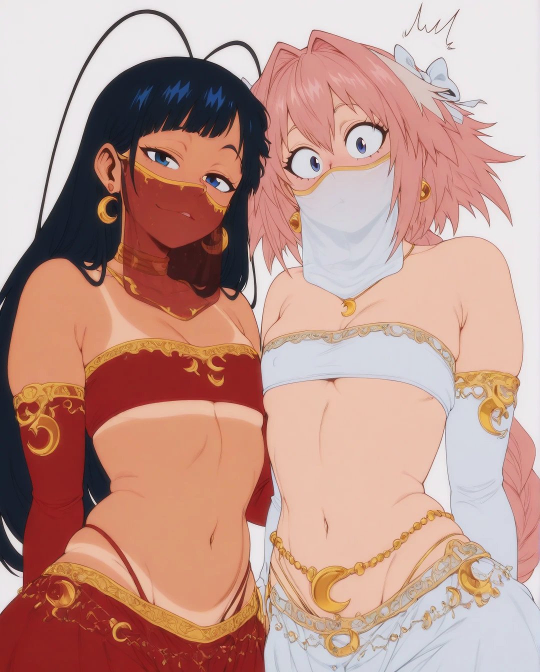 ai generated, astolfo (fate), belly dancer outfit, bleach, bleach: the thousand-year blood war, crossover, dark skin, dark-skinned femboy, dark-skinned male, dark-skinned sissy, dark-skinned twink, duo, fate (series), femboy, giselle gewelle, ironart158, light-skinned male, looking at viewer, male, male only, multiple males, seductive eyes, seductive look, surprised expression, tanline