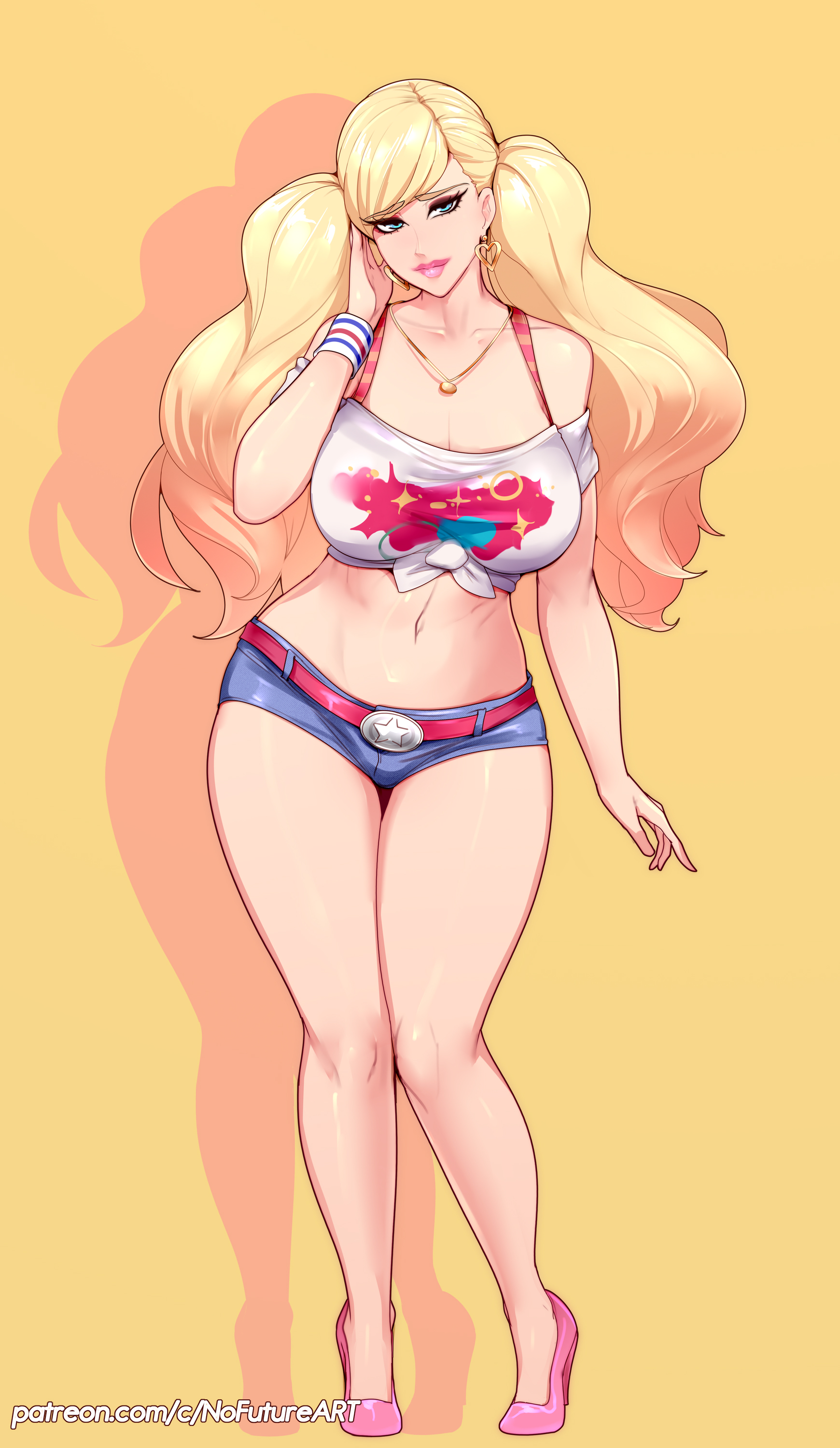 1girls, ann takamaki, ann takamaki (strikers casual), armband, armwear, atlus, belt, big breasts, bimbo, blonde hair, blue eyes, blue shorts, bottomwear, breasts, cleavage, ear piercing, earrings, female, female only, footwear, full body, gyaru, hair, heart earrings, heels, high heels, hips, huge breasts, large breasts, legs, lips, lipstick, long hair, megami tensei, necklace, neckwear, nofuture, official alternate costume, persona, persona 5, persona 5 scramble: the phantom strikers, pink lips, pink lipstick, shirt, short shorts, shorts, solo, solo female, thick lips, thighs, tied shirt, topwear, twintails, white shirt, yellow background