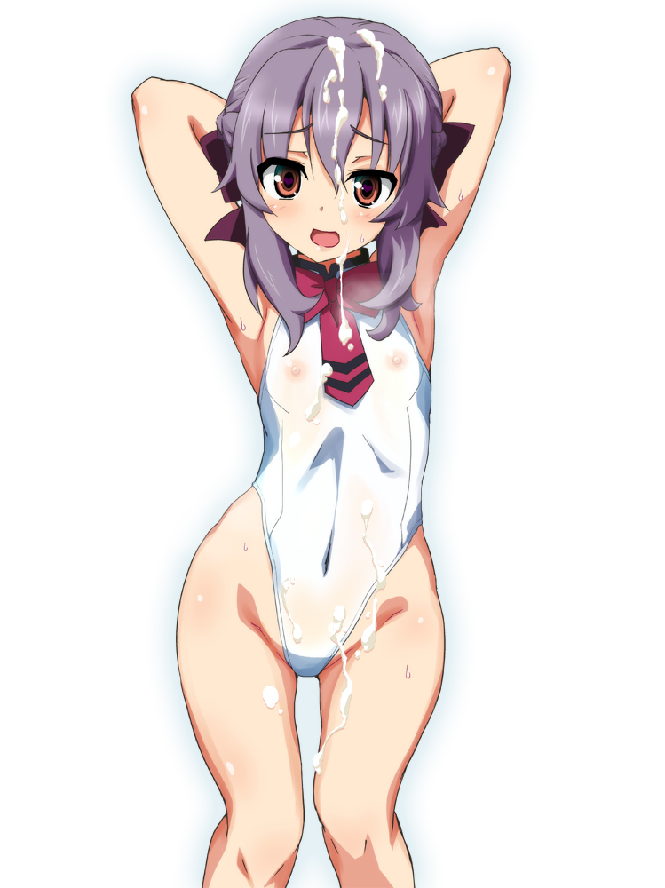 armpits blush breasts brown_eyes bukkake covered_navel cum groin hair_ornament hair_ribbon heart heart-shaped_pupils hiiragi_shinoa looking_at_viewer nipples open_mouth ouhashi owari_no_seraph purple_hair ribbon see-through simple_background small_breasts smile sweat swimsuit swimwear symbol-shaped_pupils white_background