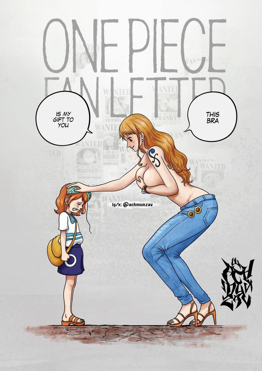 2d, 2d (artwork), 2girls, bra, breasts, crying, fat breasts, female, female only, flat belly, girl (one piece fan letter), holding own breasts, large breasts, nami (one piece), one piece, one piece fan letter, reference image, same character, tattoo, tattoo on arm, topless, topless female, younger female