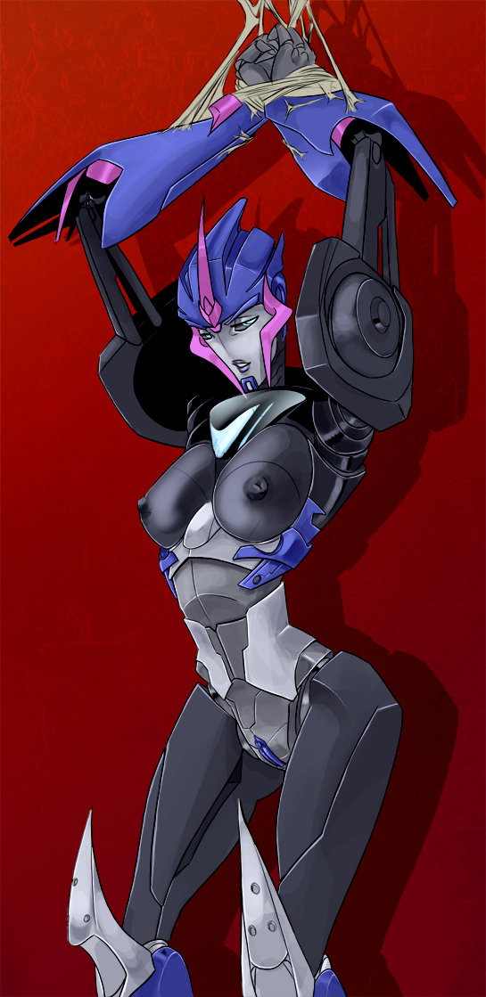 almond arcee arcee_(prime) arms_above_head autobot bedroom_eyes blue_pussy bondage bound_wrists breasts clitoris female female_only highres huge_nipples large_breasts lips looking_at_viewer machine nipples perky_breasts petite pussy restrained robot robot_girl small_waist solo standing transformers transformers_prime