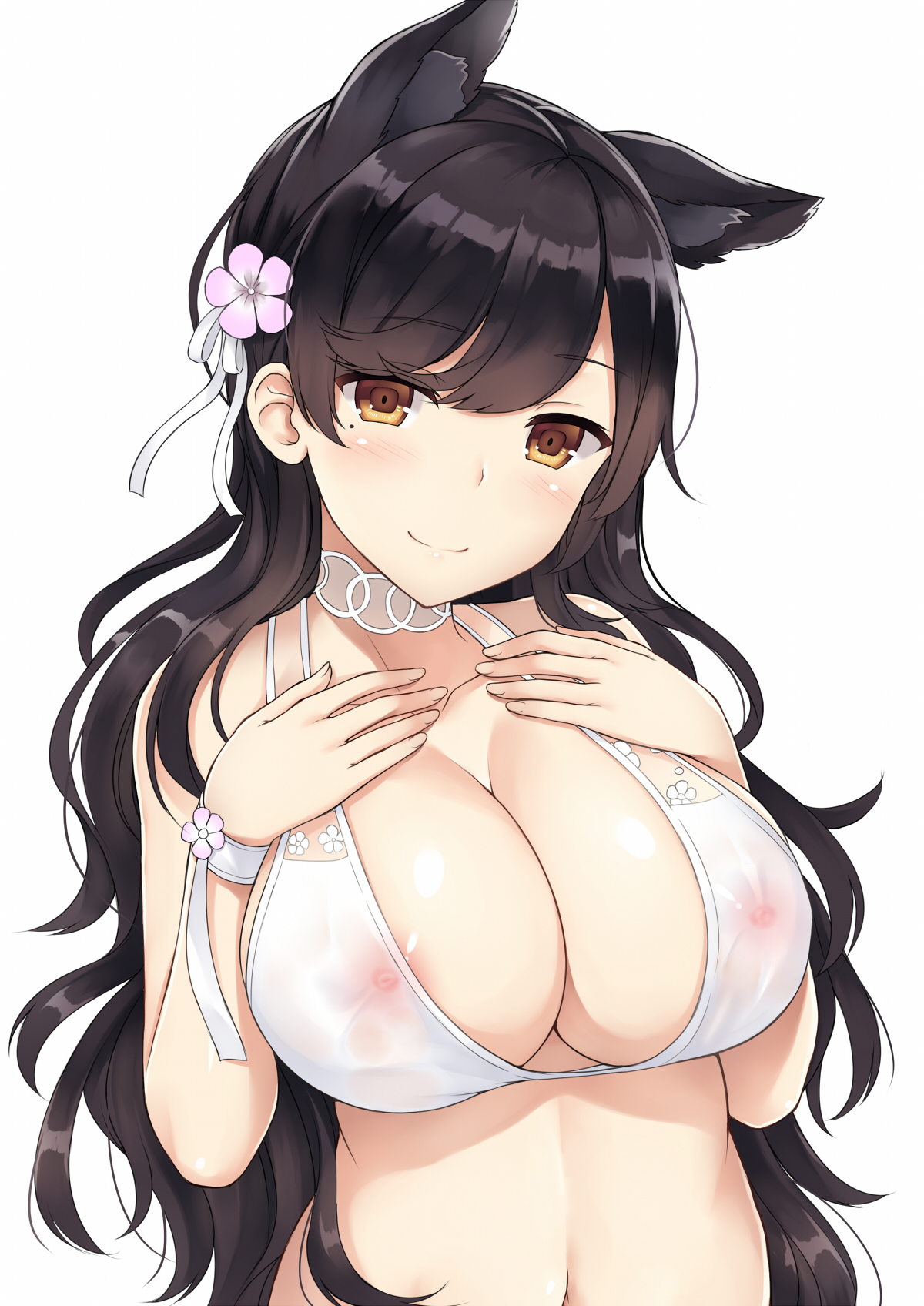 1girls, animal ears, atago (azur lane), atago (summer march) (azur lane), azur lane, bangs, bikini, black hair, blush, breasts, brown eyes, cleavage, closed mouth, commentary request, covered nipples, eyebrows visible through hair, female, female only, flower, hair flower, hair ornament, hair ribbon, halterneck, hands on own chest, highres, large breasts, light skin, light-skinned female, long hair, looking at viewer, mizunashi kenichi, mole, mole under eye, navel, nipples, ribbon, sakura empire (azur lane), see-through, simple background, smile, solo, swimsuit, upper body, very long hair, white background, white bikini, white neckwear, white ribbon, wristband
