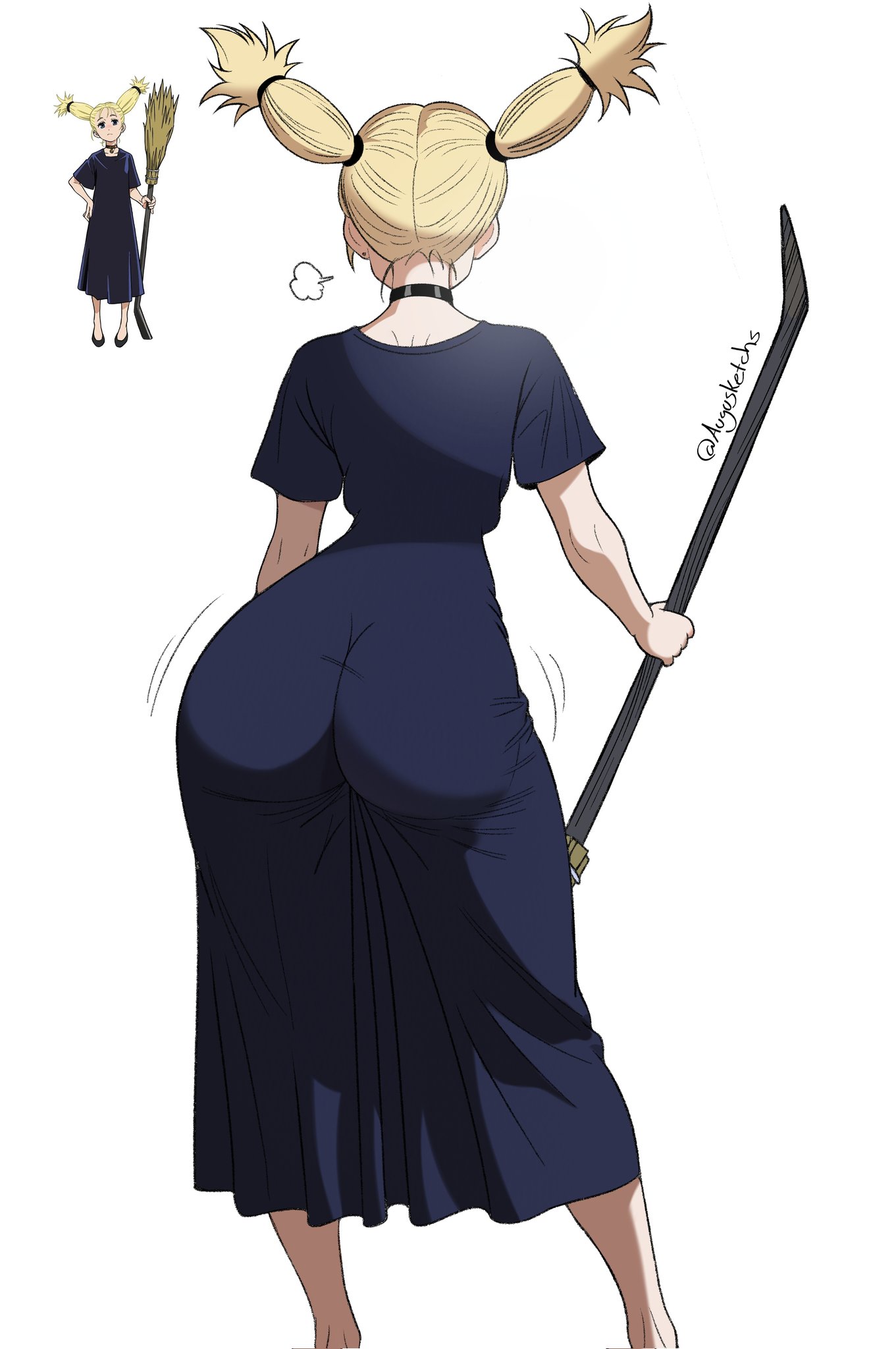 1girls, ass, augusketchs, big ass, blonde hair, broomstick, bubble butt, female, female only, huge ass, jujutsu kaisen, nishimiya momo, solo, wobbling ass
