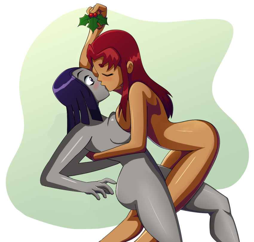 2girls alien_girl alternate_breast_size bangs big_breasts blush bob_cut breast_press breasts cartoon_network christmas colored_skin completely_nude completely_nude_female couple curvaceous dc dc_comics demon_girl duo edit female_only forehead_jewel green_background grey_skin holly hugging jewelry kiss_on_lips kissing koriand'r large_breasts legs lesbian long_hair looking_at_another love multiple_females multiple_girls nude nude_female parted_bangs purple_hair rachel_roth raven_(dc) ravenravenraven red_hair short_hair skirt smooth_skin starfire straight_hair surprised symmetrical_docking tamaranean teen_titans that_is_not_mistletoe thick_thighs thighs voluptuous white_background yuri