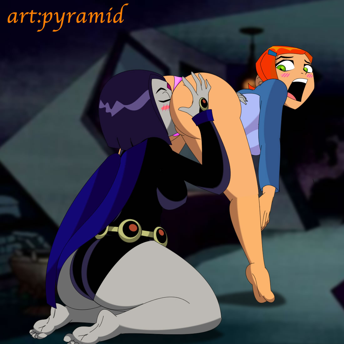 2girls, aged up, alternate breast size, ass, ben 10, ben 10 (classic), bent over, blush, breasts, bubble ass, bubble butt, cloak, clothing, crossover, dc, dc comics, embarrassed, face in ass, female, female only, gwen tennyson, gwen tennyson (classic), hands on ass, human, kneeling, lesbian, looking back, medium breasts, multiple females, multiple girls, outerwear, panties, pink panties, pyramid (artist), rachel roth, raven (dc), raven (teen titans), room, standing, teen titans, teen titans (television series), yuri