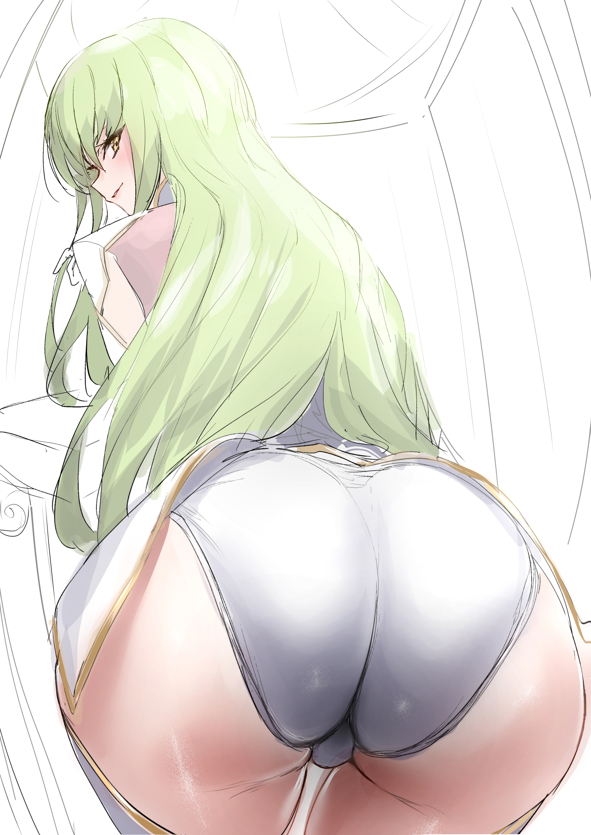 1girl, absurdres, ass, back, blush, breasts, c.c., code geass, commentary request, green hair, highres, long hair, looking at viewer, looking back, panties, smile, solo, thighs, ulrich (tagaragakuin), underwear, white panties, yellow eyes
