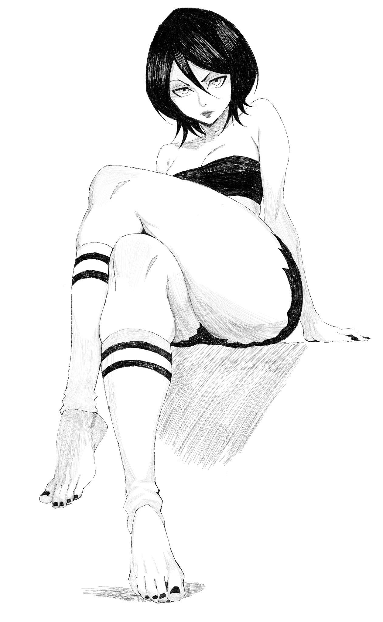 anime, anime girl, anime style, bangs, bangs between eyes, bare thighs, barefoot, belly button, black and white, black hair, bleach, crossed legs, feet, hex mamaniac, hourglass figure, hourglass figured female, kuchiki rukia, looking at viewer, manga, manga style, medium hair, painted nails, painted toenails, rukia kuchiki, sketch, sketch page, slim waist, socks, tagme, teenage girl, teenager, thick ass, thick hips, thick legs, thick thighs, viewed from below, white background, wide hips