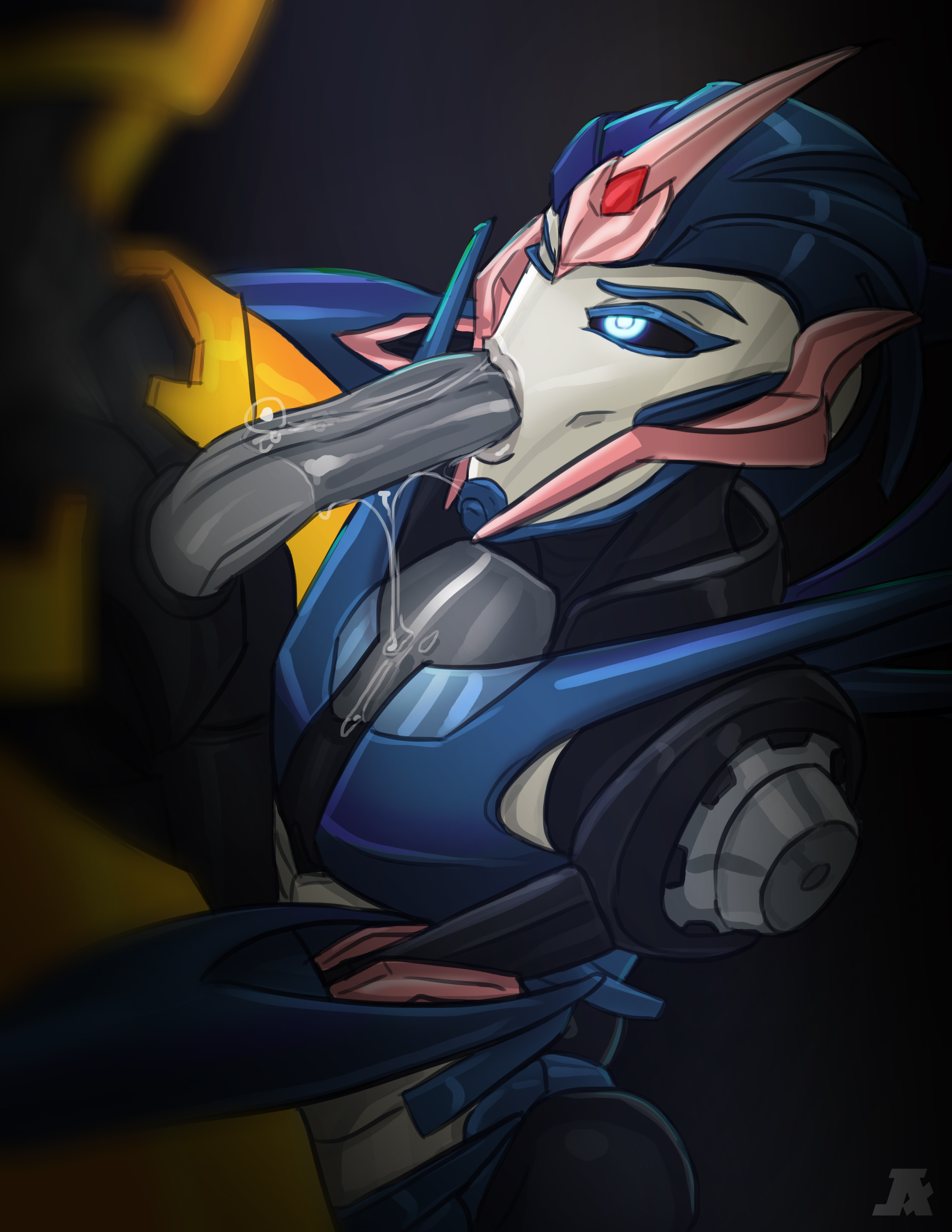 :>=, absurdres, arcee, arcee (prime), big penis, blue eyes, bumblebee, bumblebee (transformers), duo, fellatio, female, glowing eyes, highres, long penis, looking up, male, mechanical, one eye closed, oral, penis, pumpkinsinclair, robot, robot boy, robot girl, signature, solo focus, straight, transformers, transformers prime, unseen male face, veiny penis