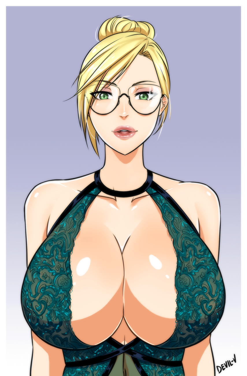 blonde_hair breasts cleavage devil-v female glasses huge_breasts lindsey_pelas