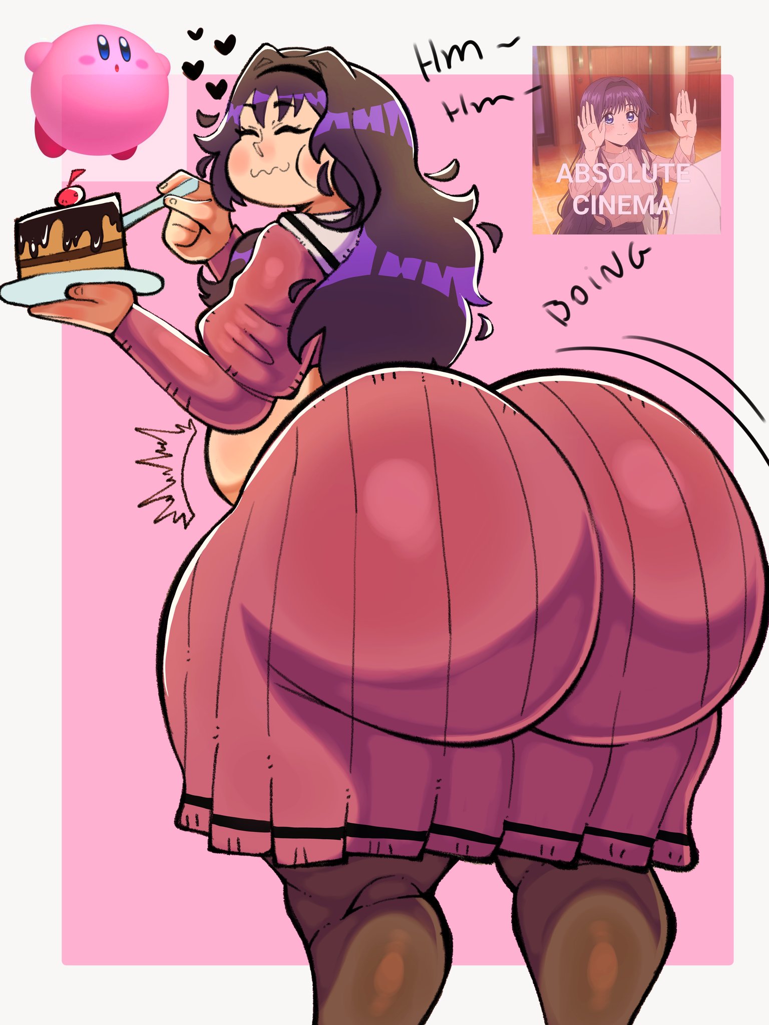 1girls, ass, big ass, blush, cake, clothed, clothing, eating, food, hairband, heart, huge ass, kaoru hana wa rin to saku, long hair, luizinbk, plump, skirt, solo, sweater, tagme, thick thighs, thighs, waguri kaoruko, wide hips