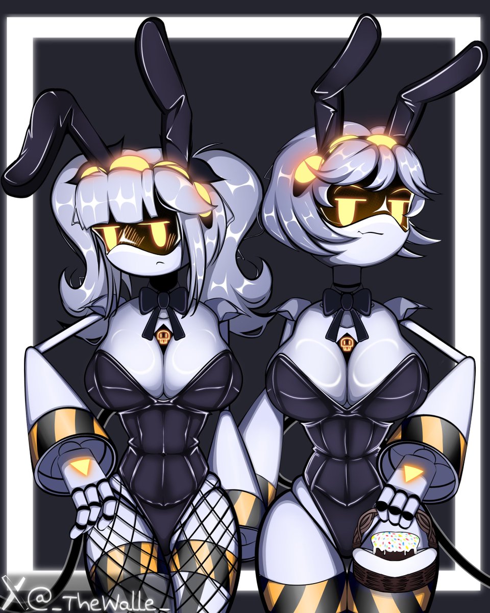 2girls, black background, blushing, blushing female, bow, bunny ears, bunnysuit, female focus, female only, fishnets, furry murder drone, grey hair, hand on hip, j (murder drones), murder drones, sexy clothing, sexy female, smiling, smiling at viewer, tail, thewalle, thighhighs, v (murder drones), yellow eyes