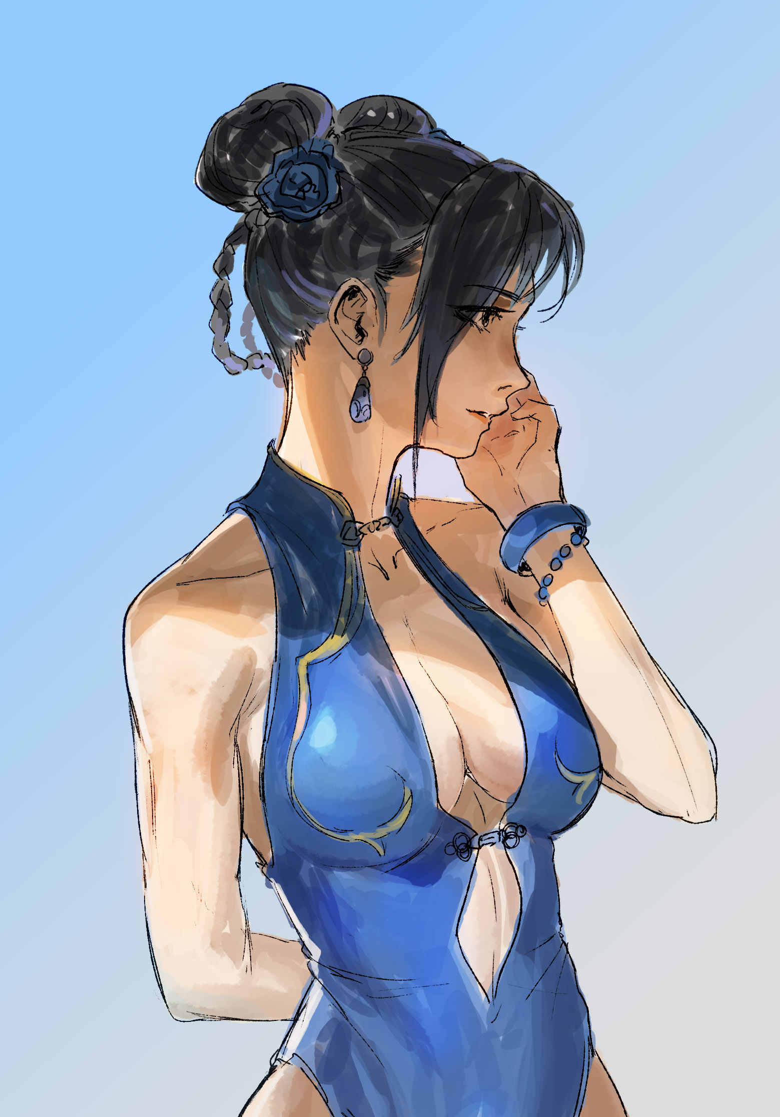 1girl, actual art, big breasts, bikini, blue bodysuit, blue one-piece swimsuit, bodysuit, bracelet, bracelets, breasts, capcom, chun-li, chun-li (street fighter 6), cleavage, collarbone, commentary, earrings, english commentary, hair bun, highres, large breasts, one-piece swimsuit, sentron, sketch, solo, street fighter, street fighter 6, swimsuit