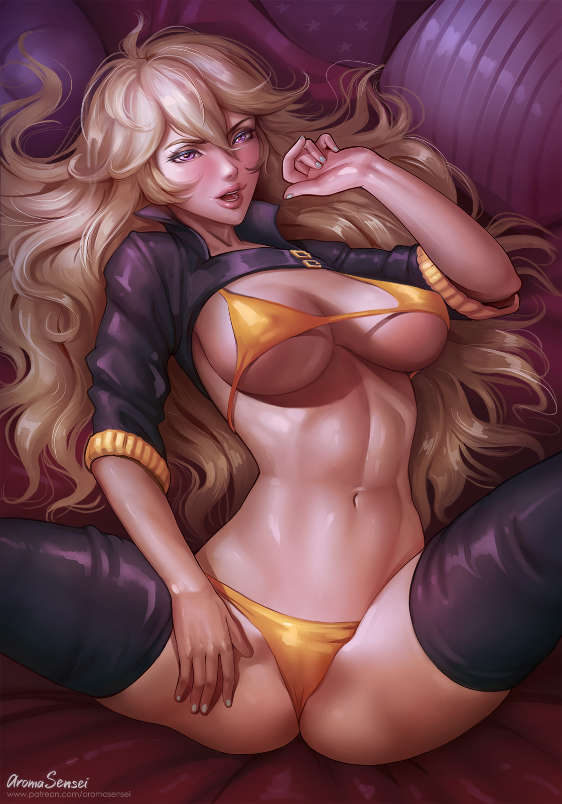 aroma sensei, bra, breasts, cleavage, female, female only, panties, rwby, solo, spread legs, thighhighs, yang xiao long