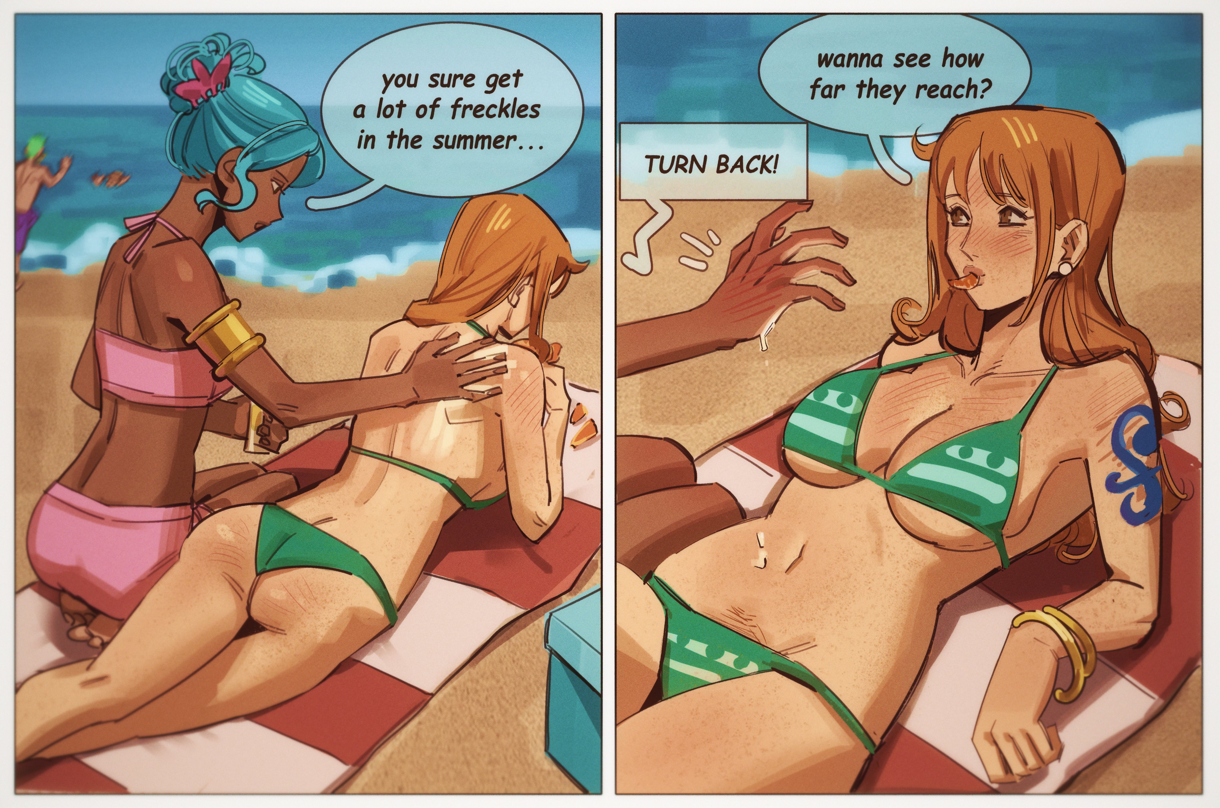 2boys, 2girls, applying sunscreen, arm tattoo, ass cleavage, beach, bikini, blue hair, blush, body blush, bracelet, breast press, breasts, brown eyes, butt crack, cleavage, color, comic, curly hair, dark-skinned female, depth of field, dialogue, female, freckles, freckles all over, freckles on face, green bikini, hairclip, half-closed eyes, happy trail, highres, humor, kneeling, lighting, long hair, lying, lying on back, lying on stomach, male, monkey d luffy, nami (one piece), nefertari vivi, one piece, orange hair, partially clothed, pink bikini, pubic hair, pubic hair peek, roronoa zoro, sideboob, speech bubble, sunbathing, sunburn, sunscreen, tattoo, teasing, thecrazedpepper, tied hair, white border, yuri