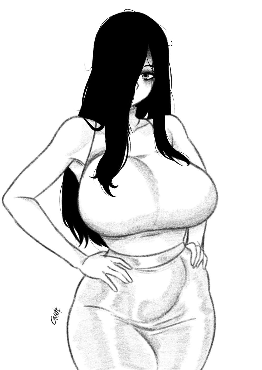 1girls, 2d, big breasts, black hair, breasts, clothed, clothing, digital drawing (artwork), ghost, ghost girl, graphicthereal, hair covering eye, hands on hips, highres, hourglass figure, long hair, looking at viewer, pose, posing, pov, ringu, safe, solo, solo female, tank top, the ring, tight clothing, turtleneck, white background, wide hips, yamamura sadako