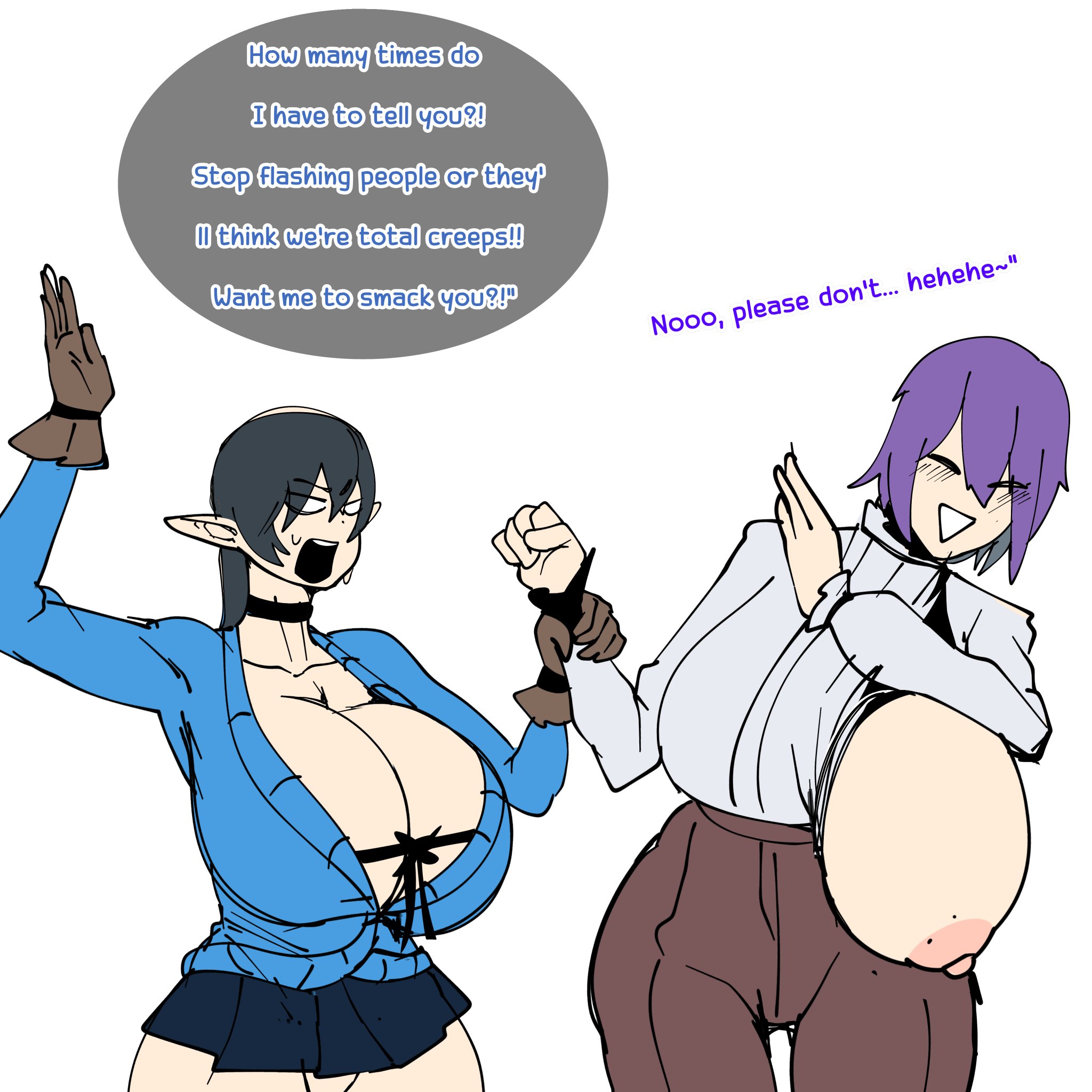 2girls, big breasts, boob window, breasts, breasts out, breasts out of clothes, choker, cleavage, curvy, curvy figure, elf, enormous breasts, female, female only, flashing, flashing breasts, giant breasts, gigantic breasts, huge breasts, hyper breasts, large breasts, liahana (shinhyunxi), massive ass, massive breasts, miniskirt, rapii (shinhyunxi), shinhyunxi, showing breasts, venus body, voluptuous, voluptuous female