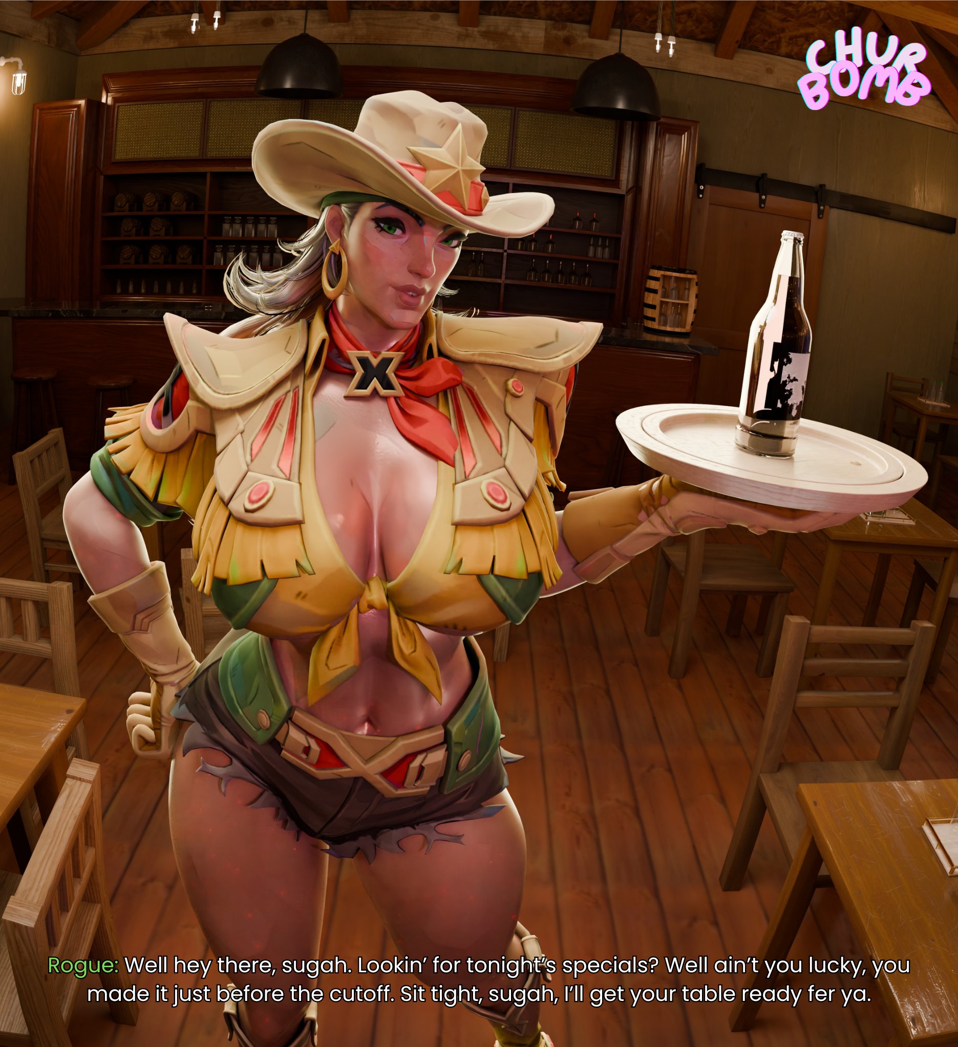 1girls, 3d, big breasts, boots, churbumb, cowboy hat, cowgirl, huge breasts, imminent sex, large breasts, marvel, marvel comics, marvel rivals, rogue (marvel rivals), rogue (starlit rebel), rogue (x-men), service, serving tray, solo, thick thighs, waitress