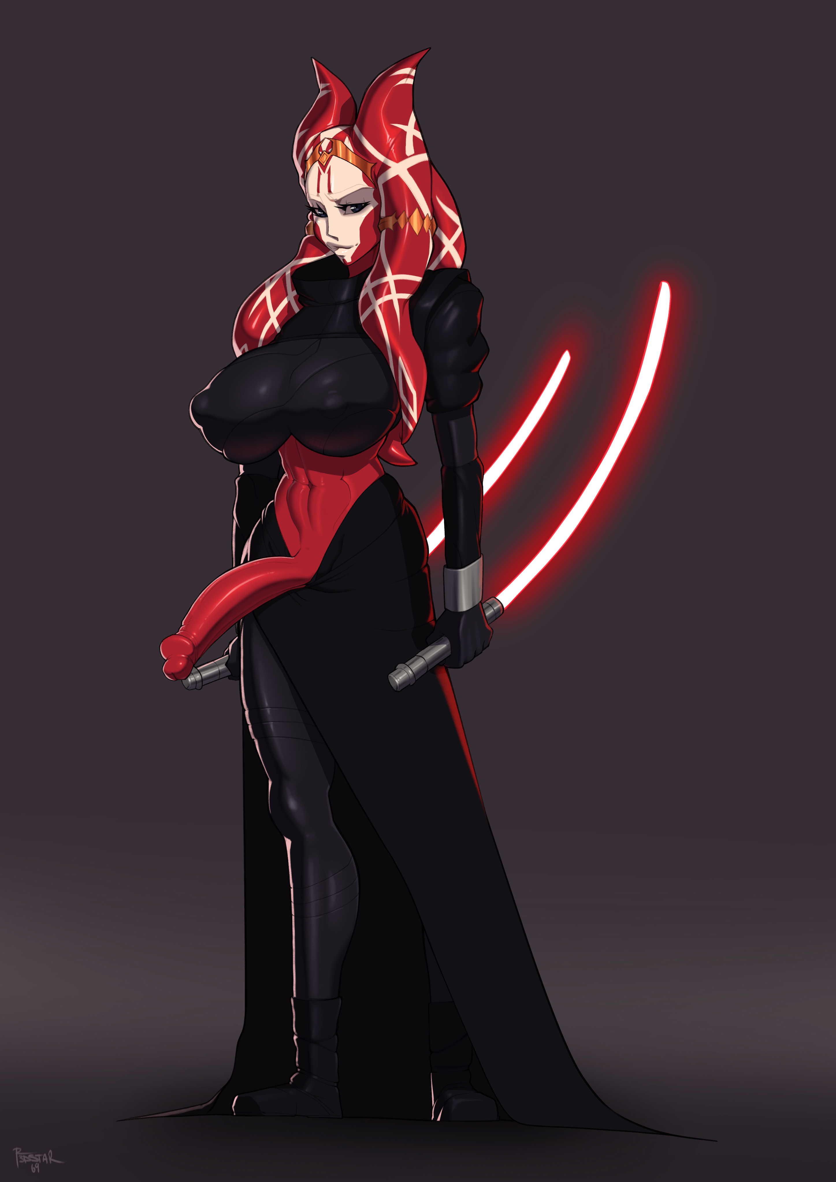 1futa, alien, big penis, black clothing, black legwear, breasts, clothed breasts, clothing, facepaint, facial mark, forehead mark, futa only, futanari, gloves, humanoid penis, intersex, jewelry, lekku, lightsaber, looking at viewer, navel, neeress vel, penis, r3dstar, red lightsaber, red skin, sith, smirk, solo, solo futa, star wars, tentacle hair, tiara, togruta
