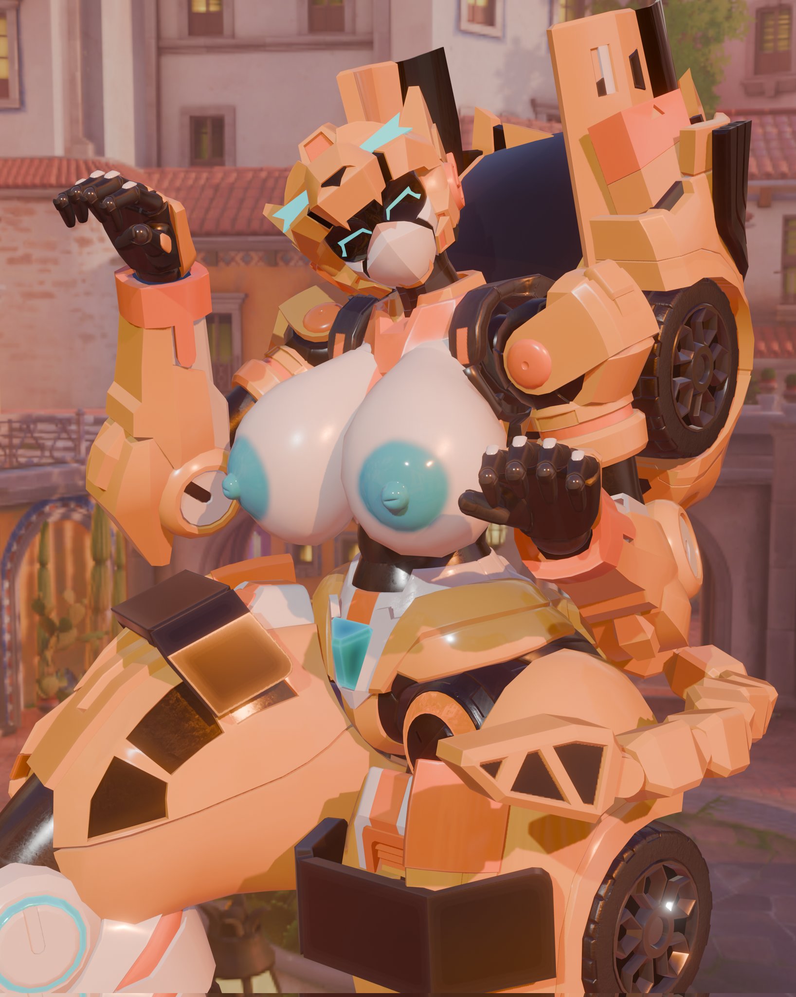2026, 3d, 3d (artwork), 3d render, big breasts, blue eyes, female, metal cardbot, robot, robot girl, soundpunk501, tachi (metal cardbot), tachy (metal cardbot), tail, thick thighs, yellow body