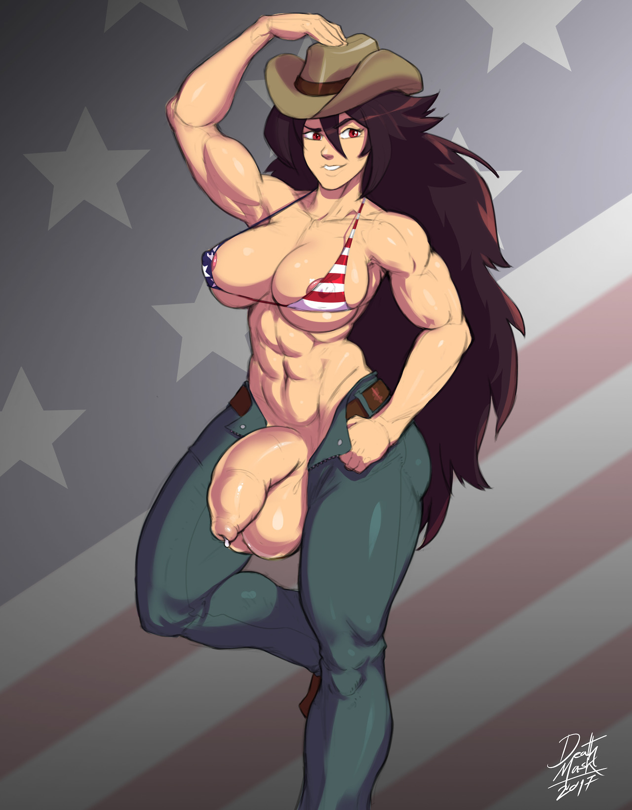 1futa, abs, american flag, american flag bikini, balls, big balls, bikini, breasts, brown hair, charissa (san-san), cowboy hat, deathmask, dickgirl, flaccid, foreskin, futanari, intersex, jeans, long hair, muscles, muscular, muscular futa, penis, precum, red eyes, smirk, solo futa, uncircumcised