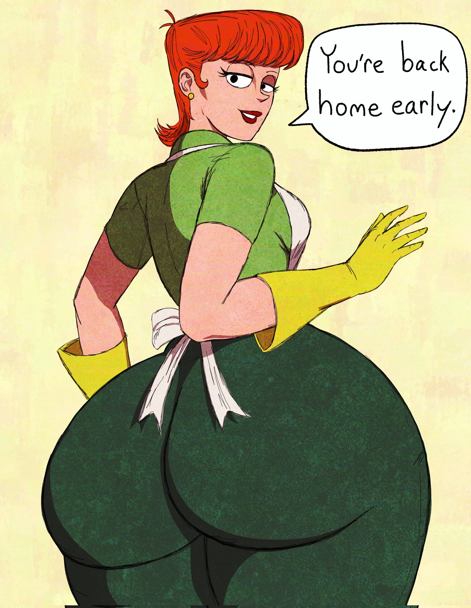 2d, 2d (artwork), about to burst, apron, ass, ass cheeks, ass focus, ass too big, barely contained, barely contained ass, barely fits, big ass, big butt, big hips, bottom heavy, bursting butt, cheesecake (artist), cheesecakevalentine (artist), curvy female, curvy hips, curvy milf, dexter's laboratory, dexter's mom, enormous ass, female, female focus, female only, gigantic ass, gloves, huge ass, imminent wardrobe malfunction, latex, latex gloves, looking back, masochistmaverick, massive ass, mature female, milf, mom, mommy, mommy kink, sideboob, slightly chubby, slightly chubby female, straining clothing, thick, thick ass, thick thighs, tight clothes, tight clothing, tight fit, tight pants, too tight, undersized clothes, undersized clothing, white skin, wide ass, wide hipped female, wide hips, wide thighs, yellow gloves