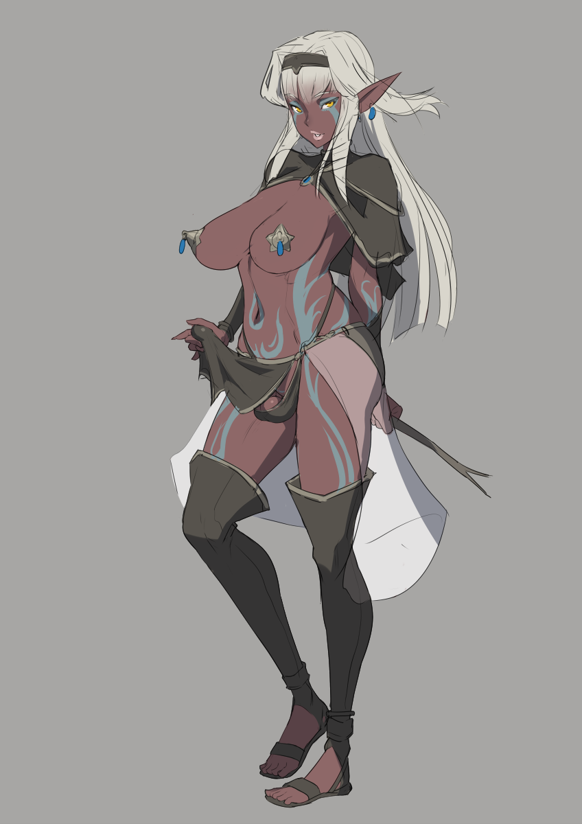 1futa balls big_breasts bimbo breasts cleavage dark-skinned_futanari dark_elf dickgirl elf erection futa_only futanari intersex large_breasts looking_at_viewer mikoyan penis pointy_ears solo solo_futa testicles