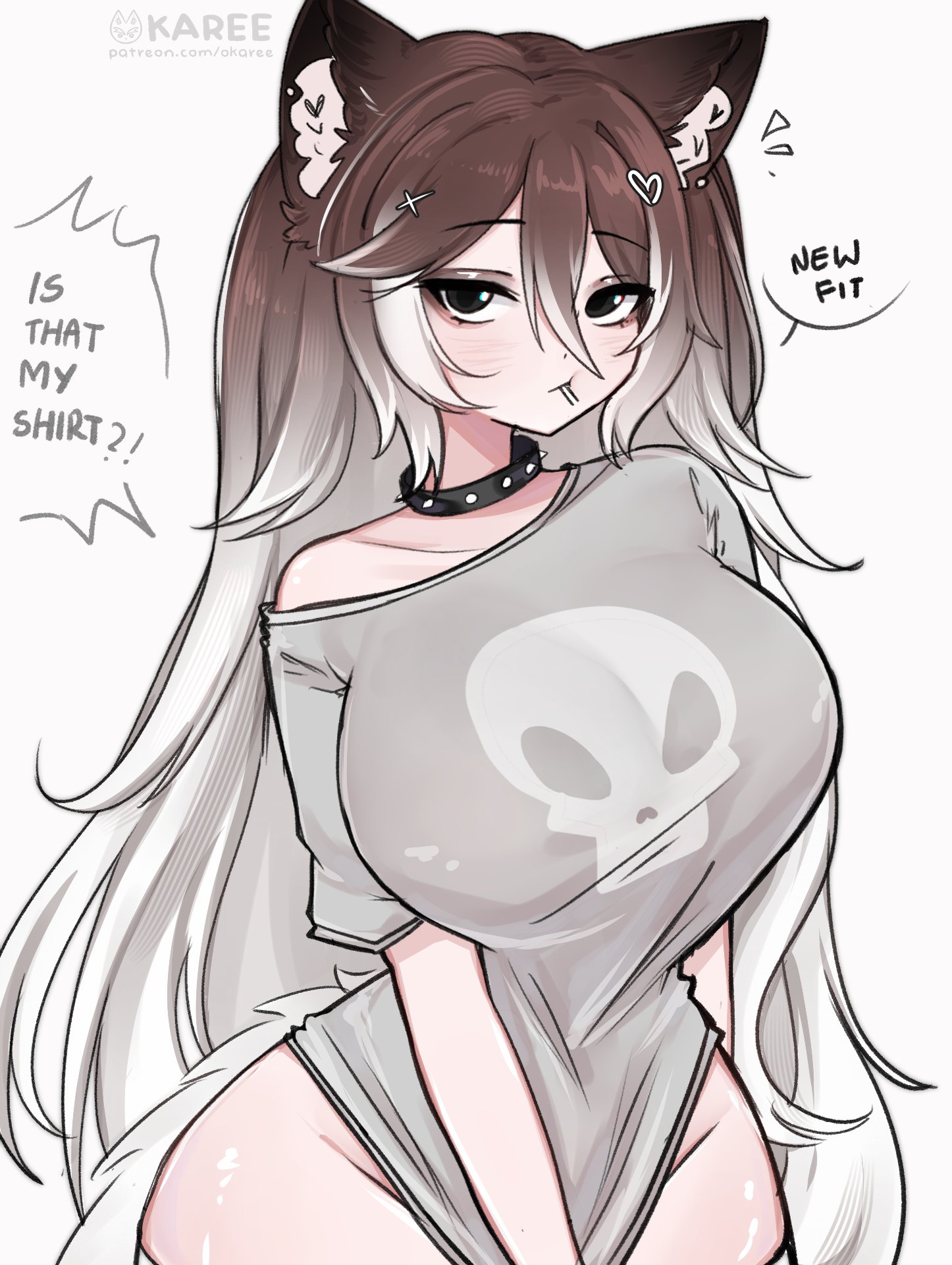 1girls, 2026, 2d, 2d (artwork), animal ears, big breasts, black eyes, boob, breasts, brown hair, collar, color, colored, digital media (artwork), english, english text, female, female only, fluffy, fluffy ears, grey hair, hair, hi res, light skin, light-skinned female, long hair, looking at viewer, multicolored hair, oc, oka (okaree), okaree, original, original character, shirt, simple background, solo, tail, text, tits, white background, wolf, wolf ears, wolf girl