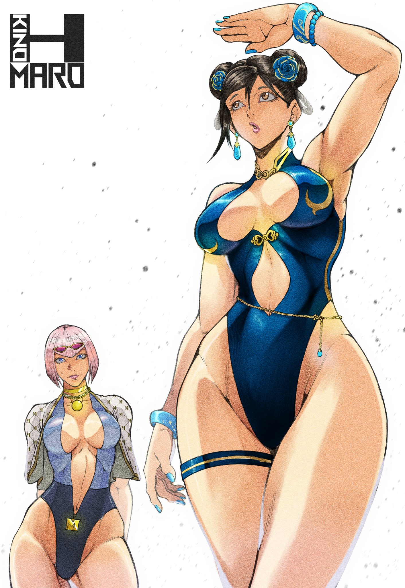 2girls, armpits, artist name, big breasts, blue eyes, blue flower, blue nails, blue one-piece swimsuit, bracelet, bracelets, braid, braided hair rings, breasts, brown eyes, brown hair, capcom, chinese clothes, chun-li, chun-li (street fighter 6), cleavage cutout, clothing cutout, commentary, cutout above navel, double bun, earrings, eyewear, eyewear on head, flower, flower in hair, flowers in hair, groin, hair bun, hair flower, hair ornament, hair rings, highleg, highleg one-piece swimsuit, highres, hip bones, jewelry, kinohmaro, large breasts, manon legrand, medallion, multiple girls, muscular, muscular female, navel, necklace, official alternate costume, one-piece swimsuit, pink hair, purple lips, short hair, signature, street fighter, street fighter 6, sunglasses, sunglasses on head, swimsuit, thick thighs, thigh strap, thighs, thin waist, vest, white back, wide hips