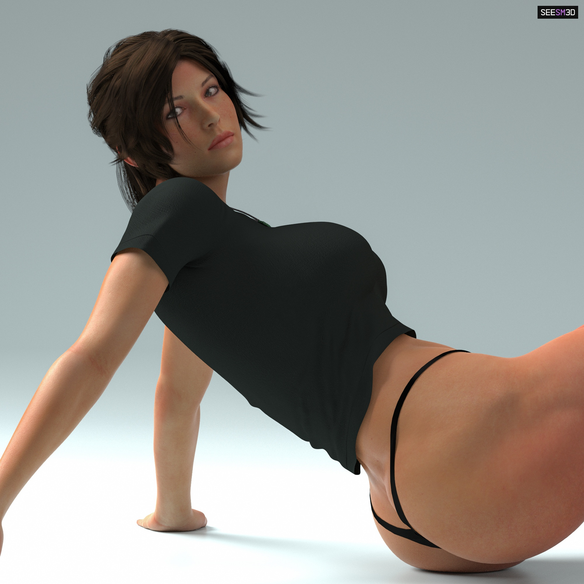 3d, ass, black g-string, black shirt, bubble butt, female, female focus, female only, g-string, lara croft, lara croft (survivor), large breasts, megan fox photoshoot, meme, seesm3d, sitting, t-shirt, tagme, thong, tomb raider, tomb raider (survivor)