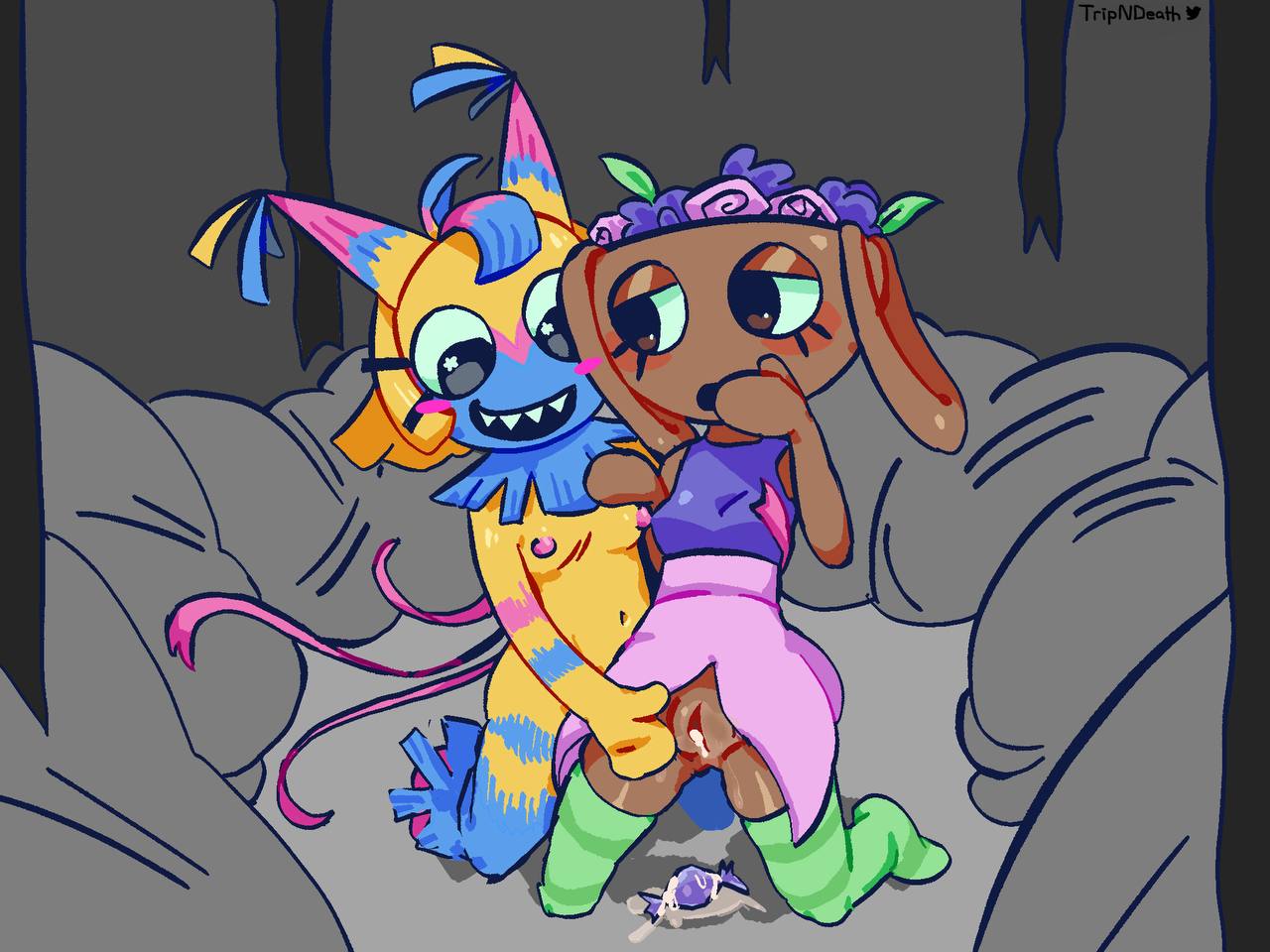2d, 2d (artwork), 2d artwork, bassie (dandy's world), candy, cum, dandy's world, duo, female, female only, flower basket, green stockings, grey background, lesbian, looking at another, pussy, roblox, self upload, sharp teeth, tripndeath, watermark, wlw, yatta (dandy's world), yuri