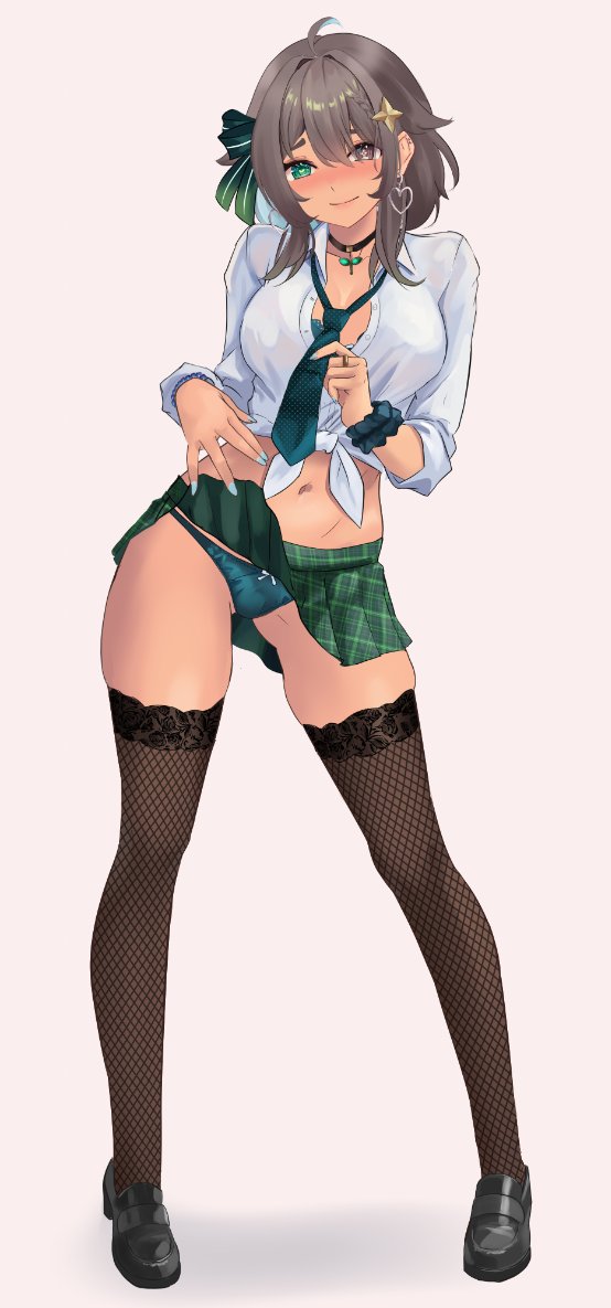 1girls, 2026, 2d, 2d (artwork), blush, breasts, brown eyes, brown hair, brown skin, estebaneishon1, female, female only, green eyes, heterochromia, indie virtual youtuber, light skin, light-skinned female, meica, miniskirt, nail polish, painted fingernails, painted nails, panties, revealing clothes, school uniform, short hair, simple background, skirt, solo, stockings, tanned, thick thighs, thighs, virtual youtuber, vtuber