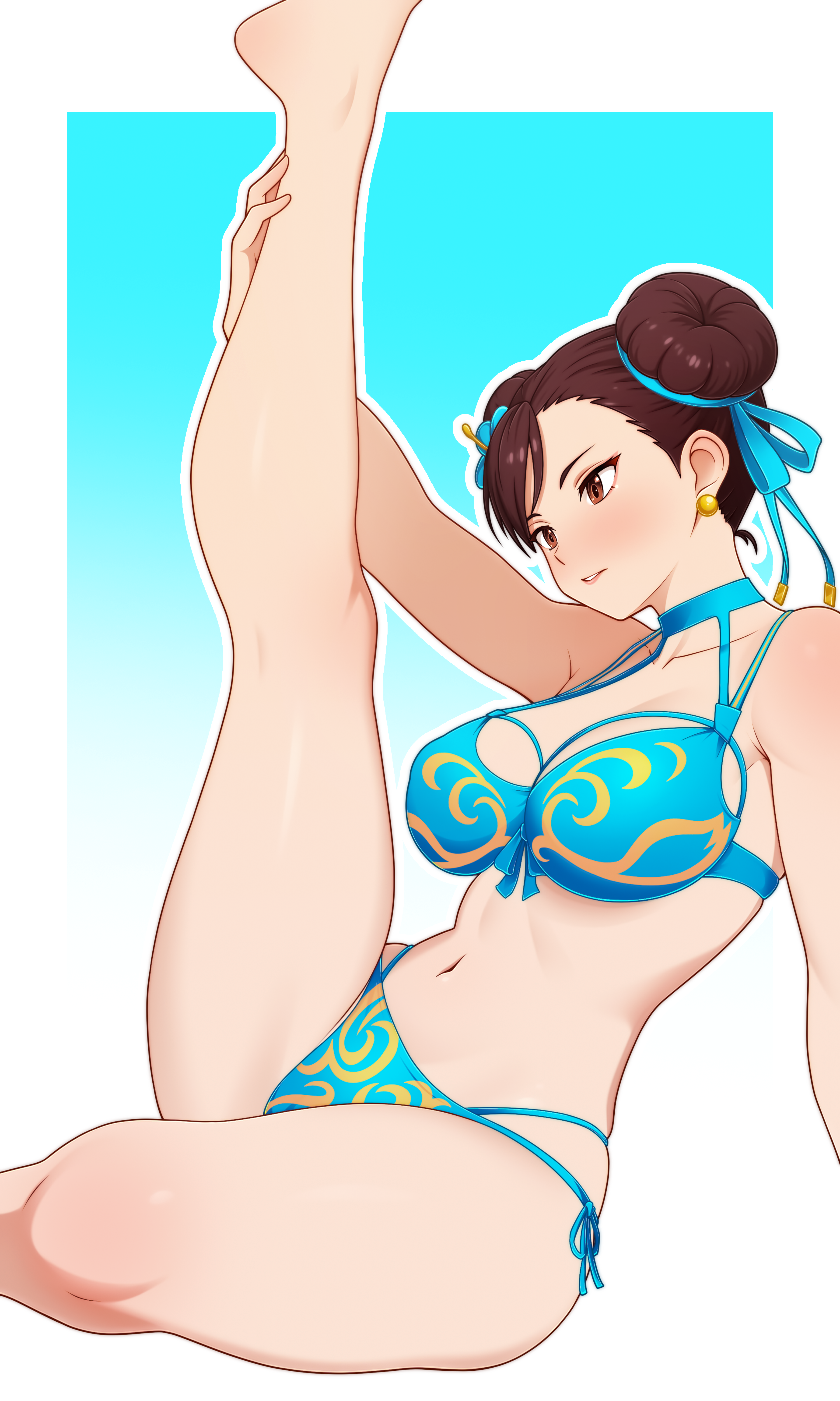 1girl, absurdres, armpit crease, barefoot, big breasts, bikini, bilingual commentary, blue bikini, blue choker, blue ribbon, breasts, brown eyes, brown hair, capcom, choker, chun-li, collarbone, commentary, double bun, dullahan (alekey art), english commentary, flexible, flower, hair bun, hair flower, hair ornament, hair ribbon, hibiscus, highres, holding own leg, large breasts, leg up, mixed-language commentary, navel, parted lips, ribbon, short hair, sitting, solo, stomach, street fighter, swimsuit, thighs, white background