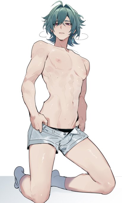 blue hair, clothed, eriimyon, genshin impact, lohen (genshin impact), male, male only, solo, twink, undressing