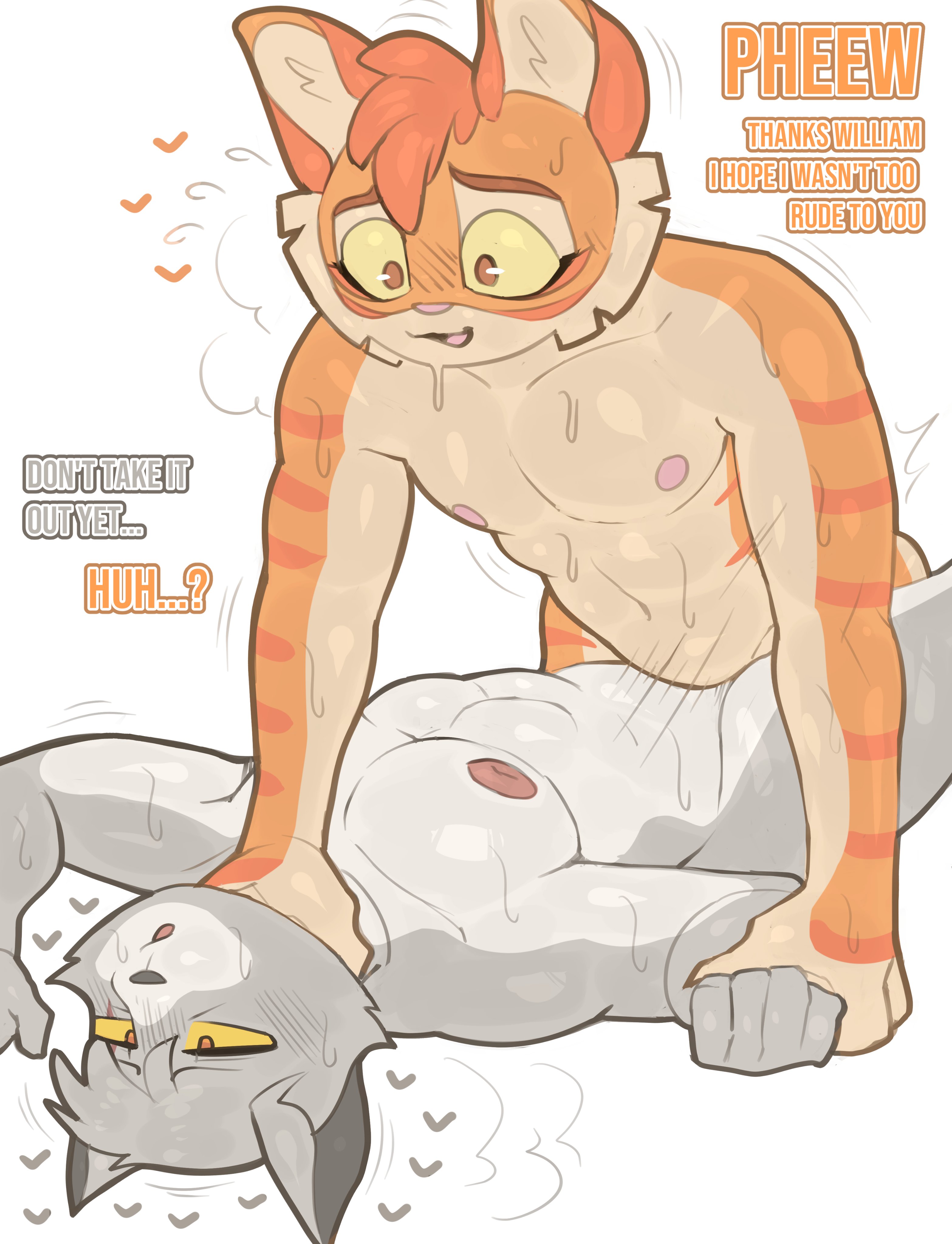2boys, 5 fingers, anal, anal sex, anthro, athletic, athletic male, blush, commission, commissioner oc, domestic cat, feline, freckle mcmurray, fur, furry, gay, grey body, grey fur, humanoid, image set, lackadaisy, ledange, male, male focus, male only, male penetrated, male penetrating, male penetrating male, male/male, motion lines, nipples, orange body, orange fur, original character, pecs, striped fur, stripes, sweat, text, two-tone fur, yaoi, yellow sclera